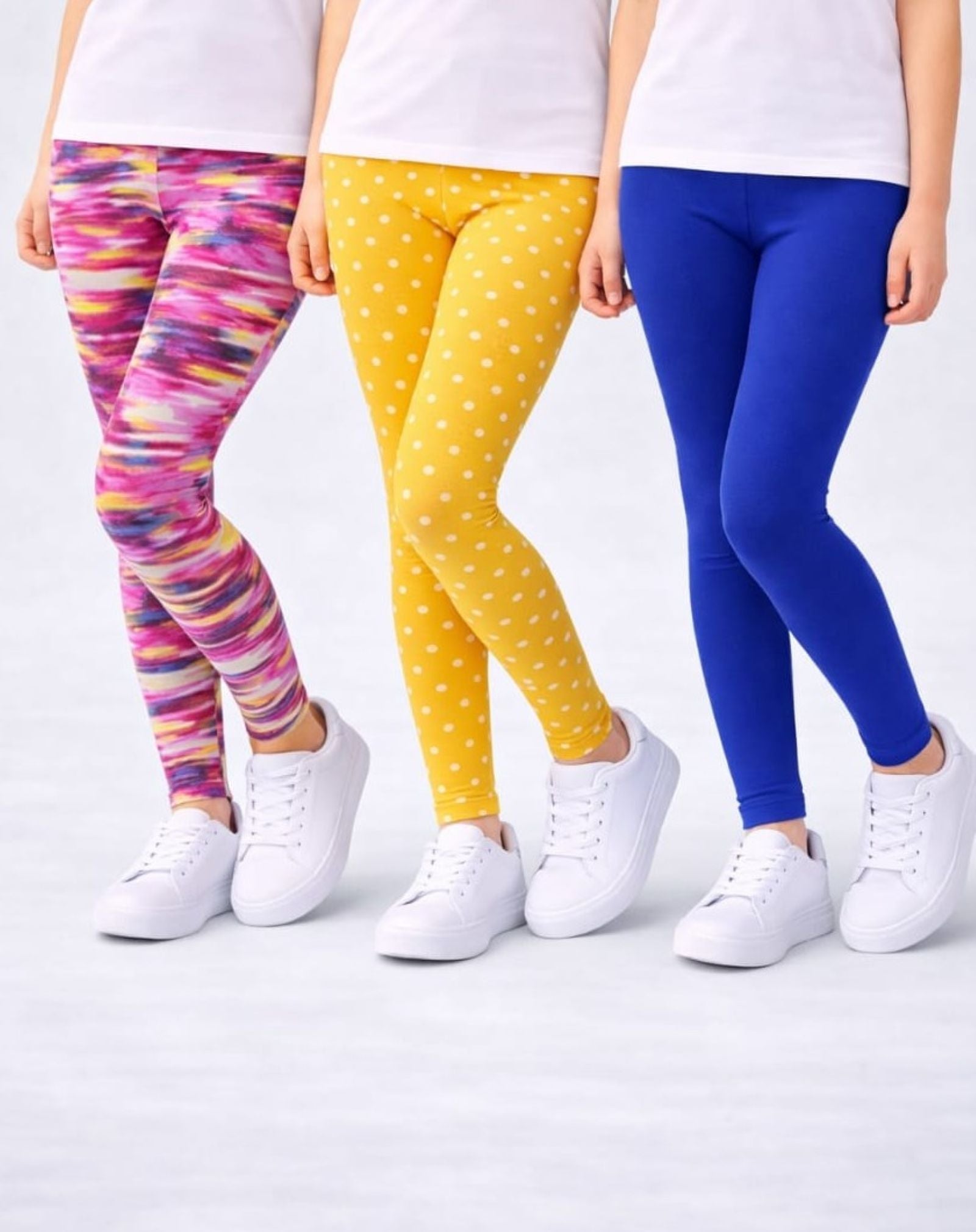 Cotton Lycra Knit Full Length Leggings Pack of 3 - Pink,Yellow,Blue