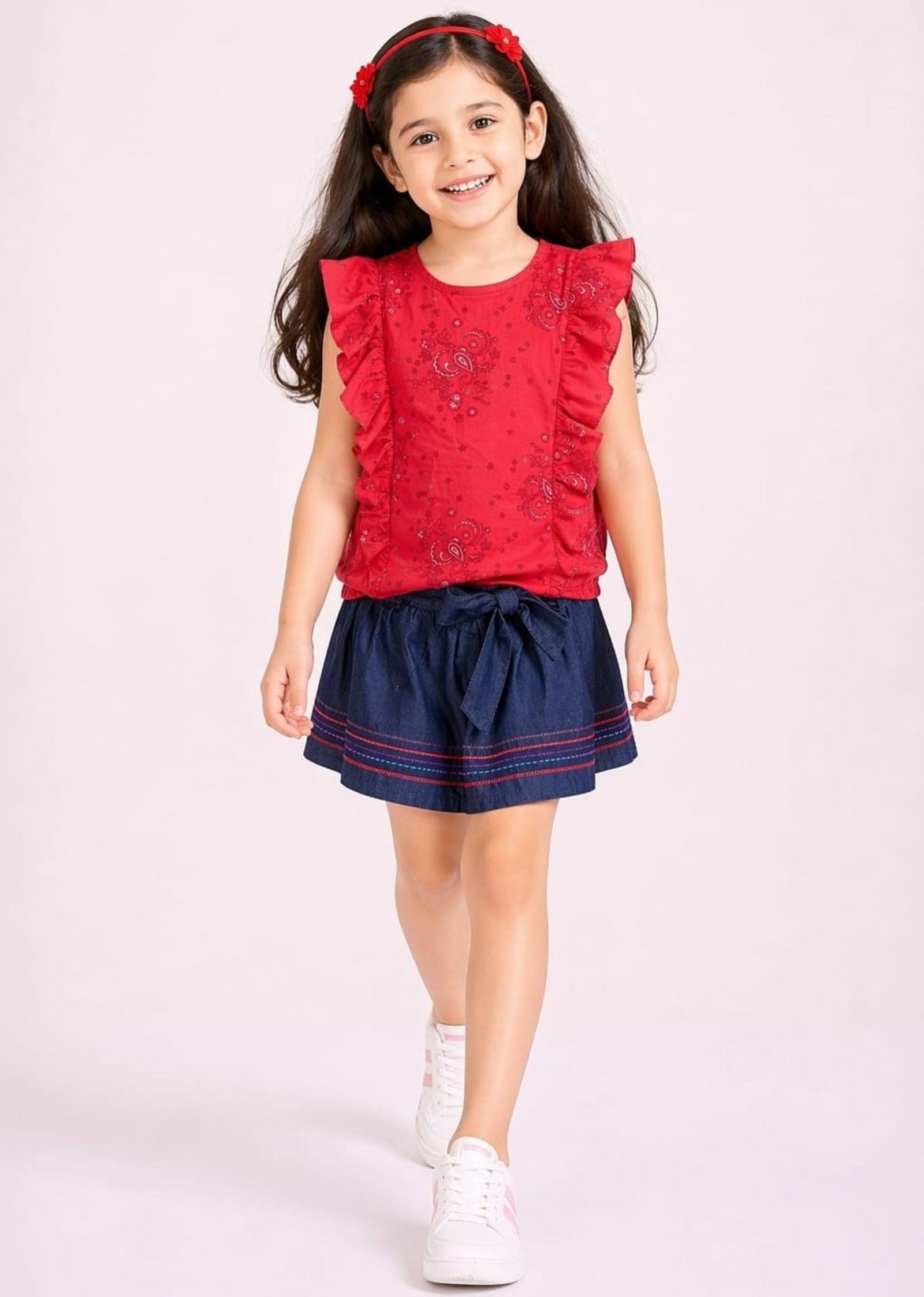 Girls Printed Ruffle Tee with Embroidered Denim Skirt