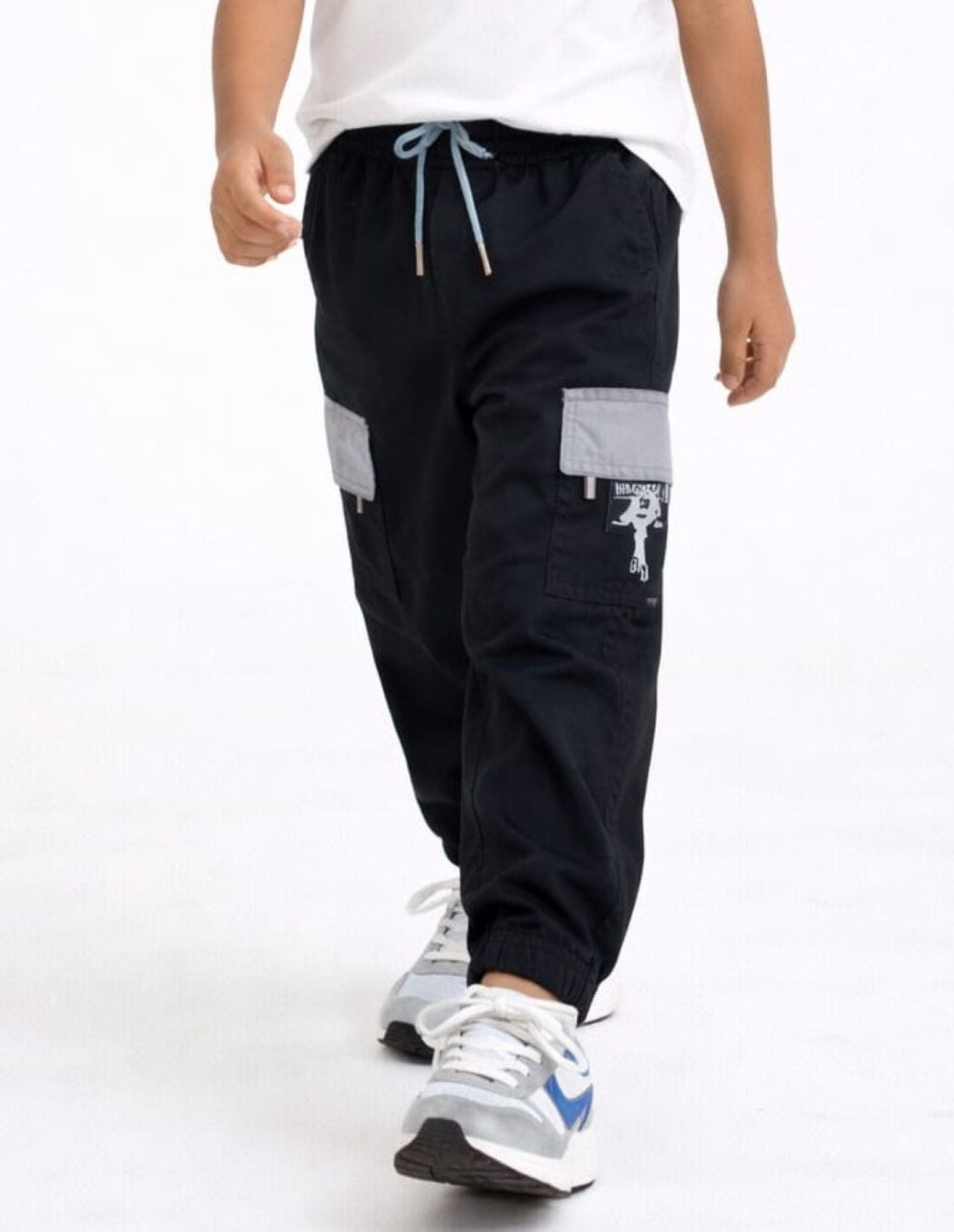 Cotton Woven Cargo Pants with Fancy Side Pockets - Black