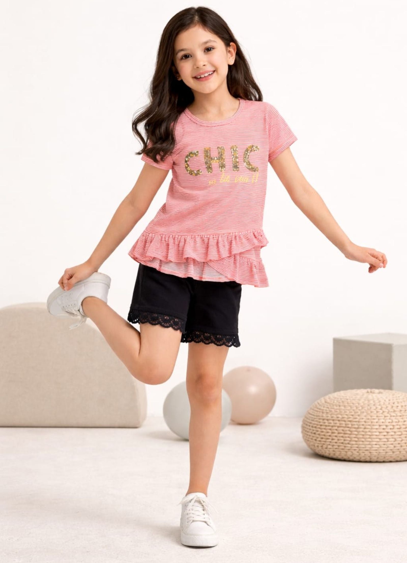 Girls Sequined Ruffle Top with Shorts P.