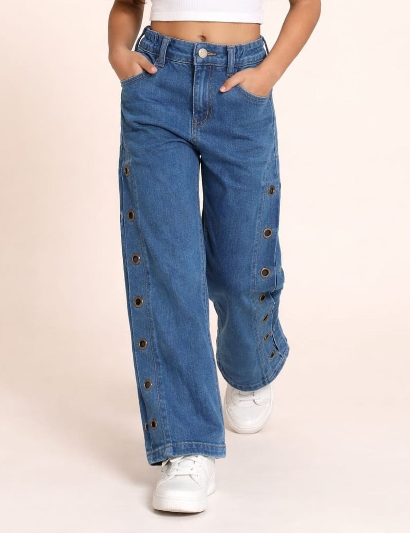 Stretchable Flared Jeans with Fancy Rivets on both leg sides