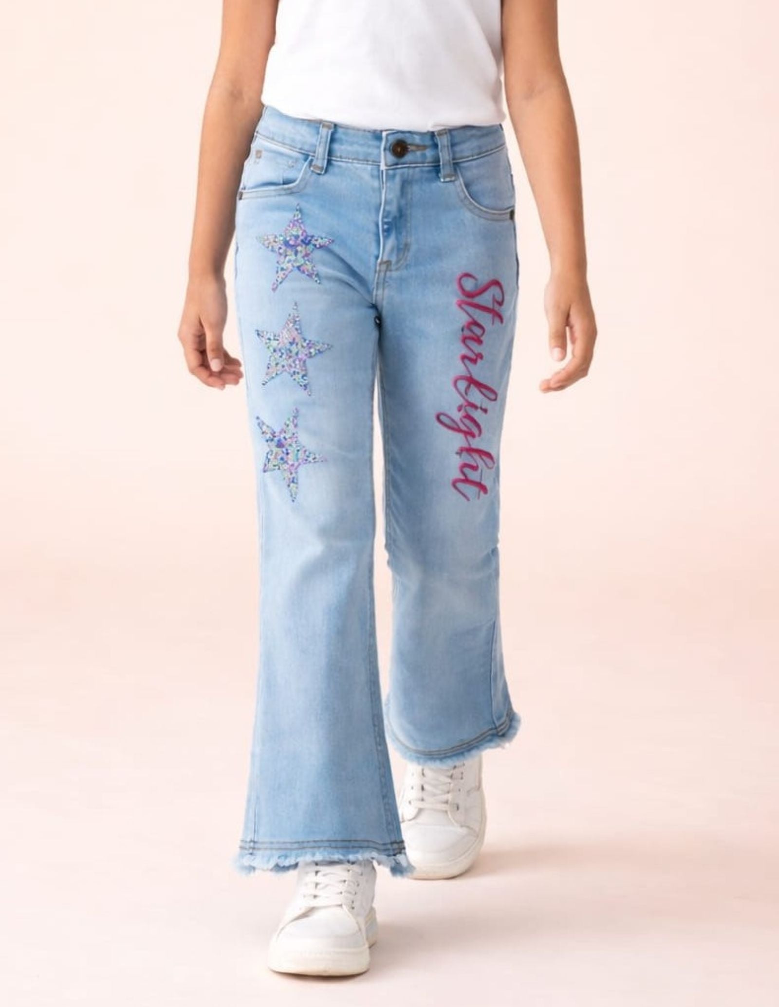 Stretchable Flared Jeans with Rhinestone Stars