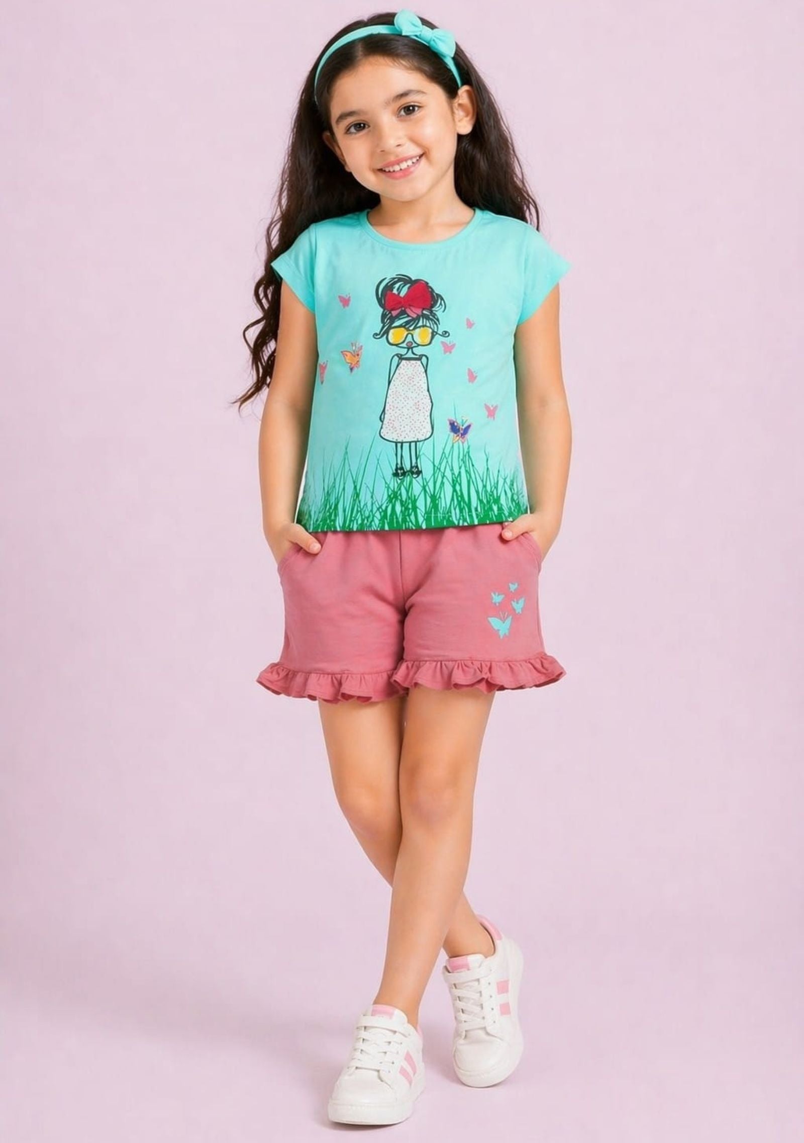 Girls Butterfly Printed Tee with Frilled Shorts