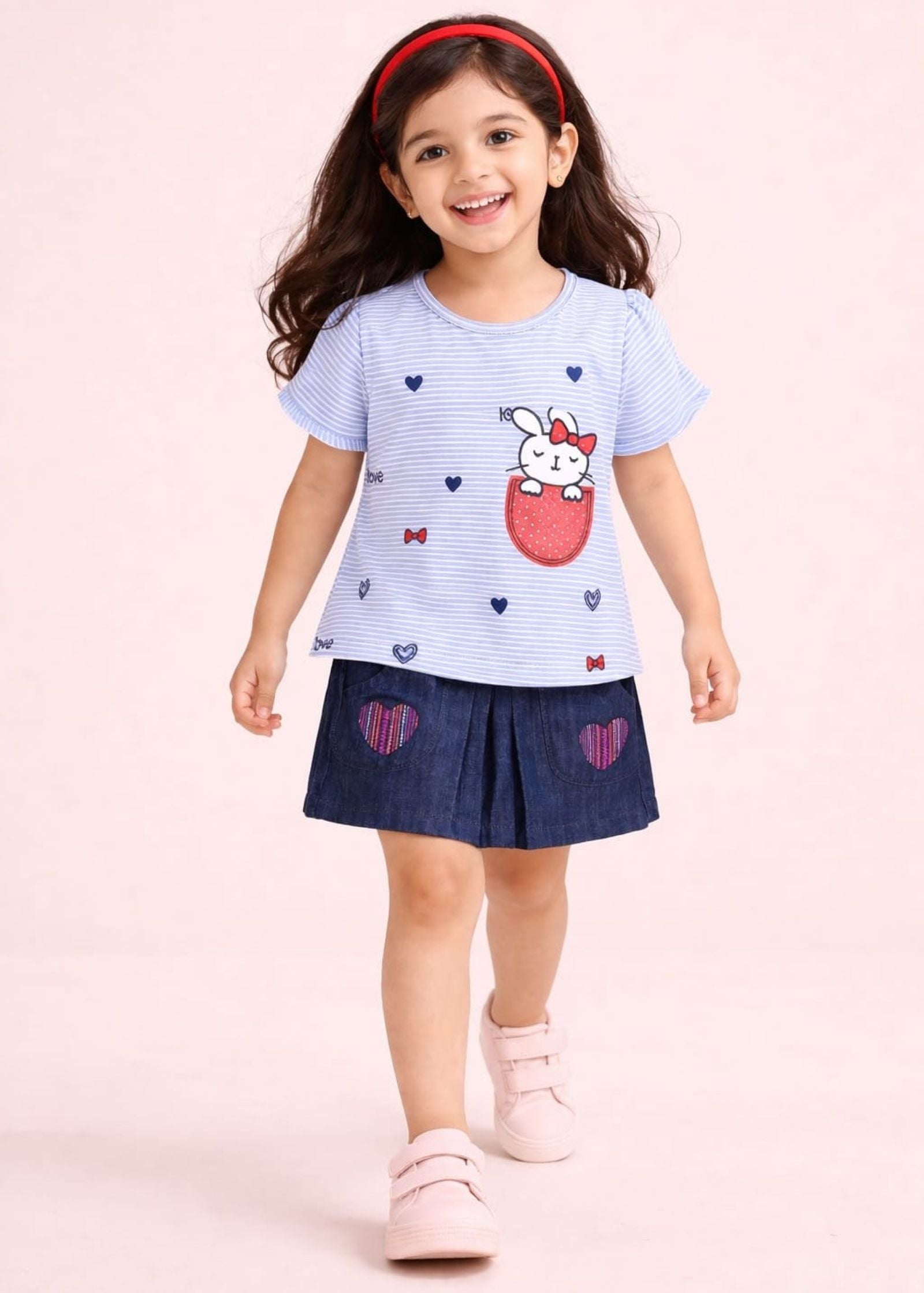 Girls Embroidered Tee with Denim Pleated Skirt