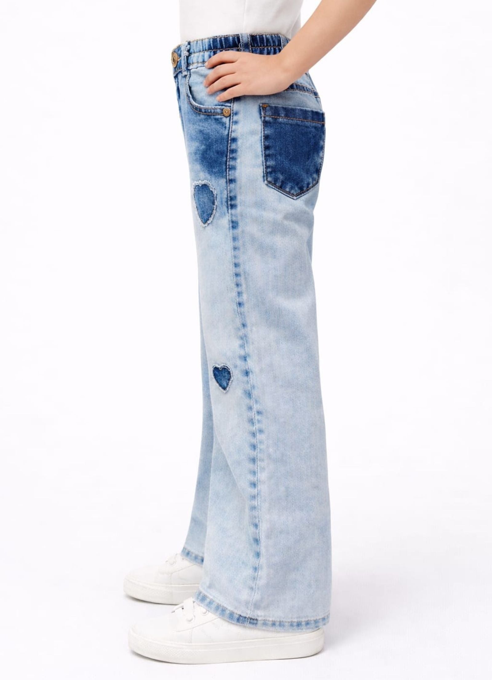 Cotton Denim Wide Leg Acid Wash Stretchable Jeans with Hearts - Light Blue