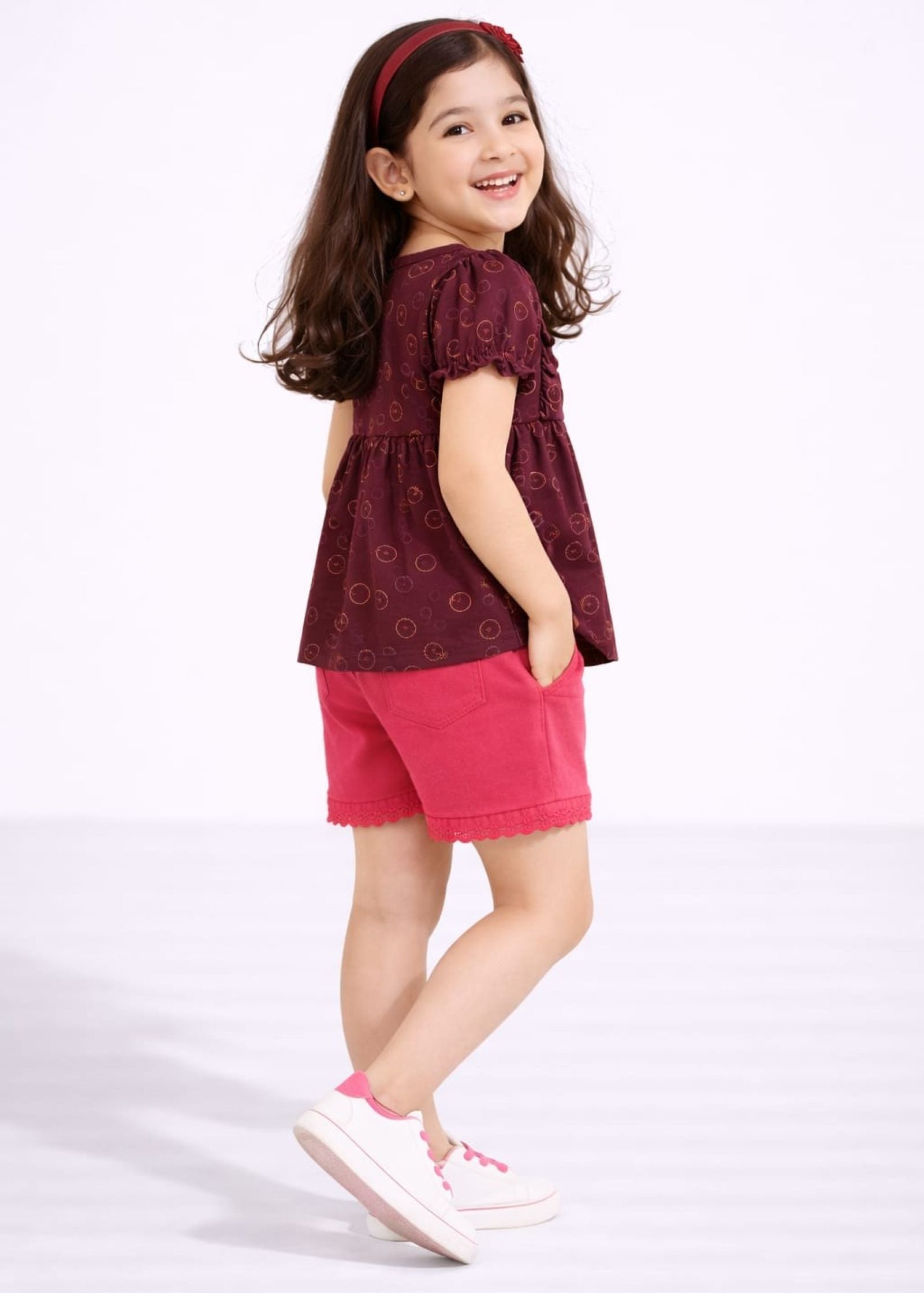 Girls Printed Peplum Top with Lace Detailed Shorts
