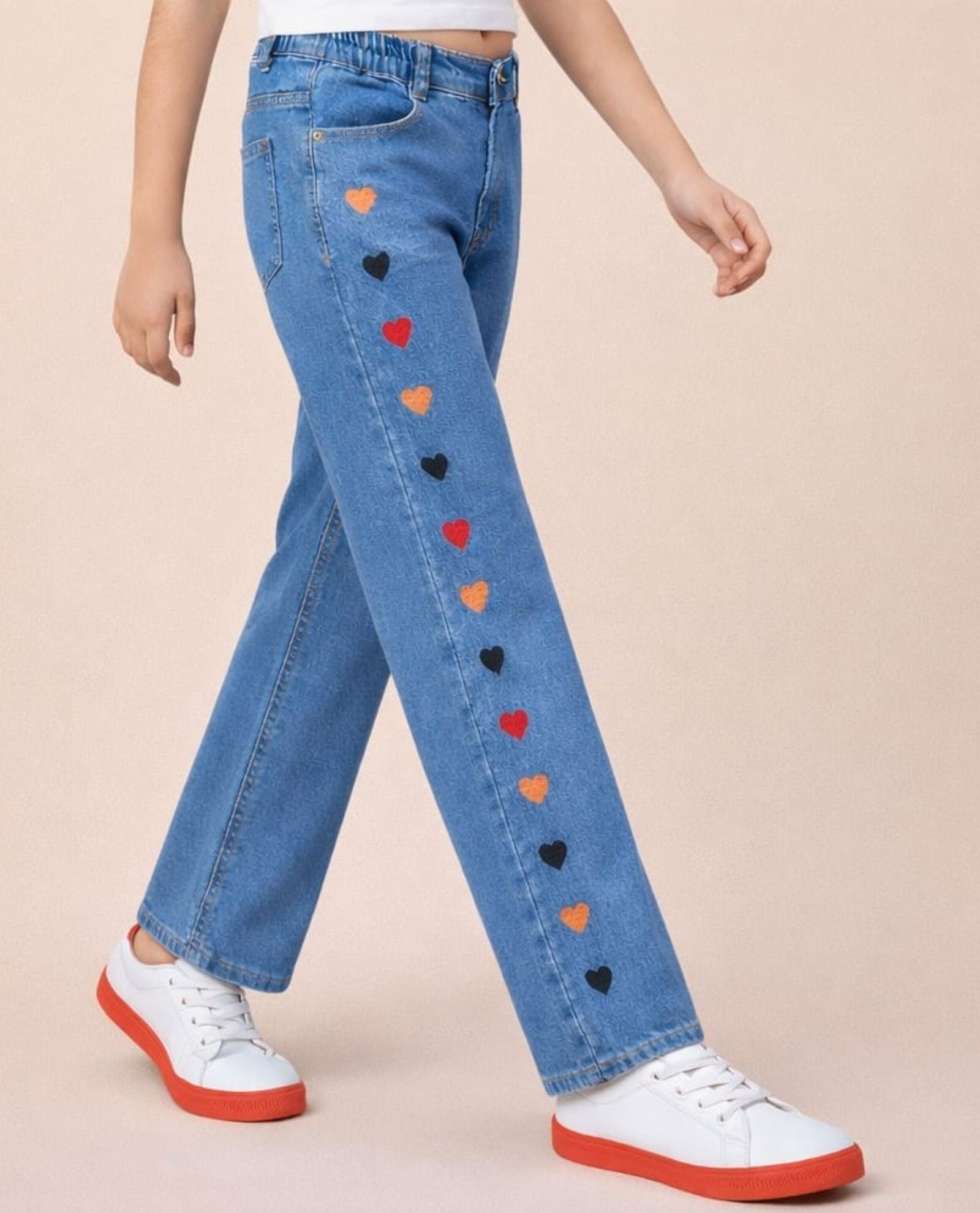 Cotton Denim Relaxed Fit Stretchable Jeans with Hearts Embroidery - Medium Blue