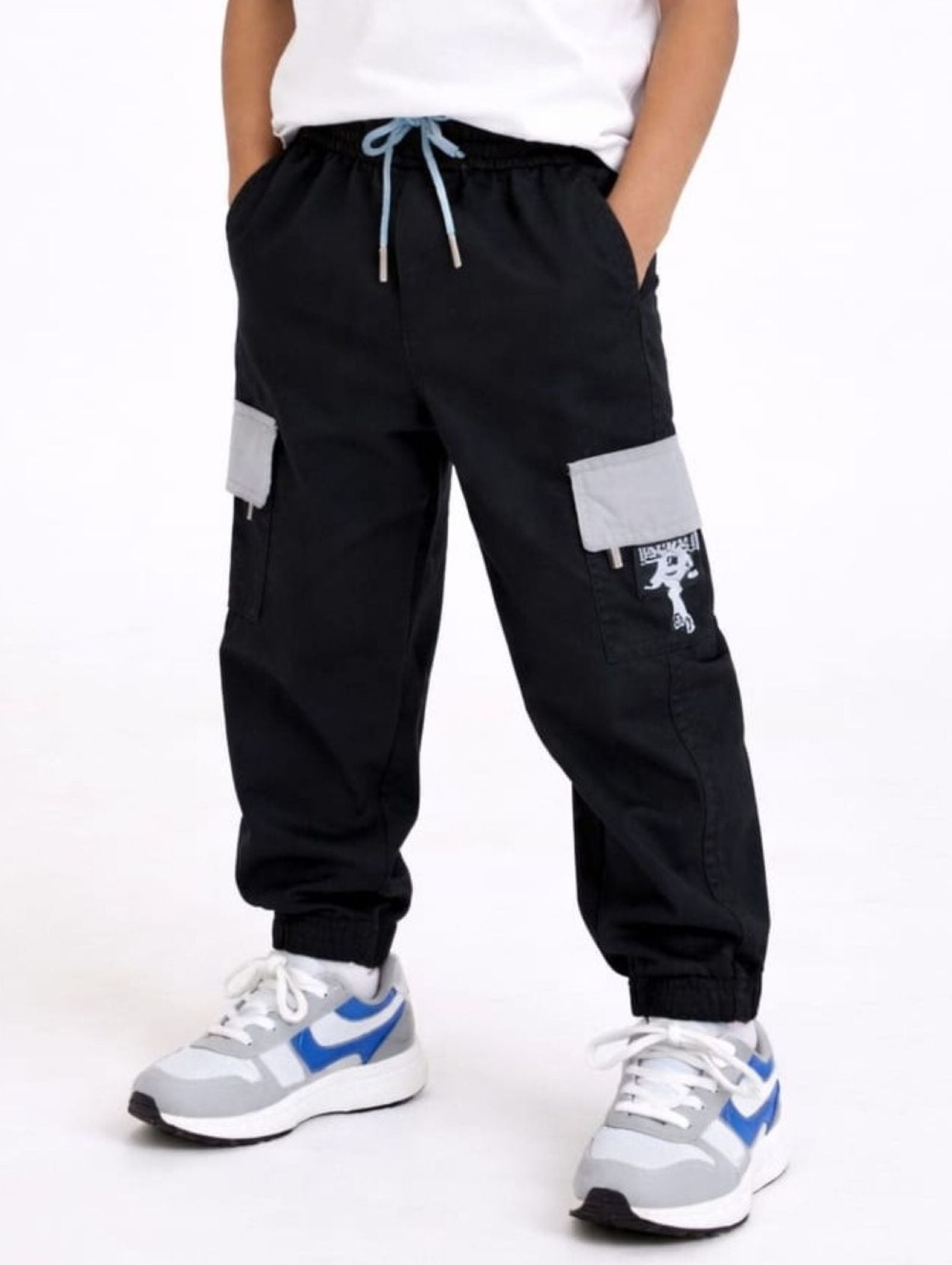 Cotton Woven Cargo Pants with Fancy Side Pockets - Black