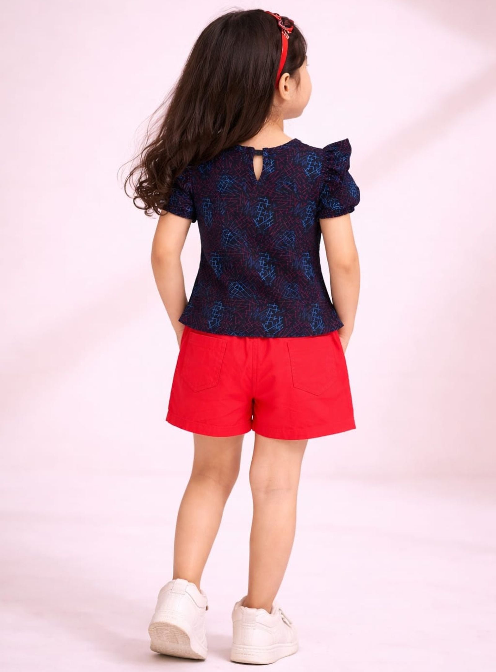 Girls Abstract Printed Tee with Embroidered Twill Shorts