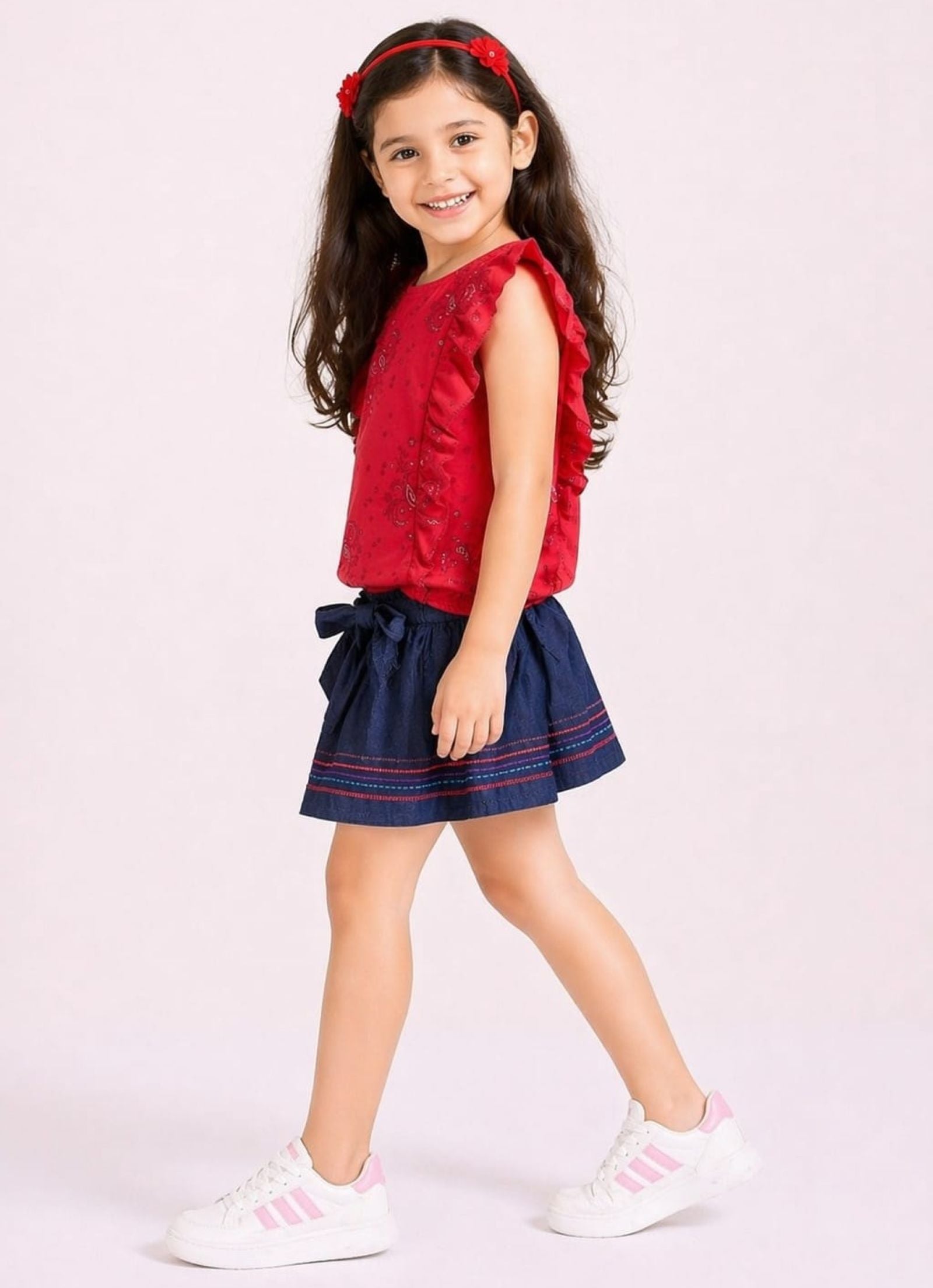 Girls Printed Ruffle Tee with Embroidered Denim Skirt