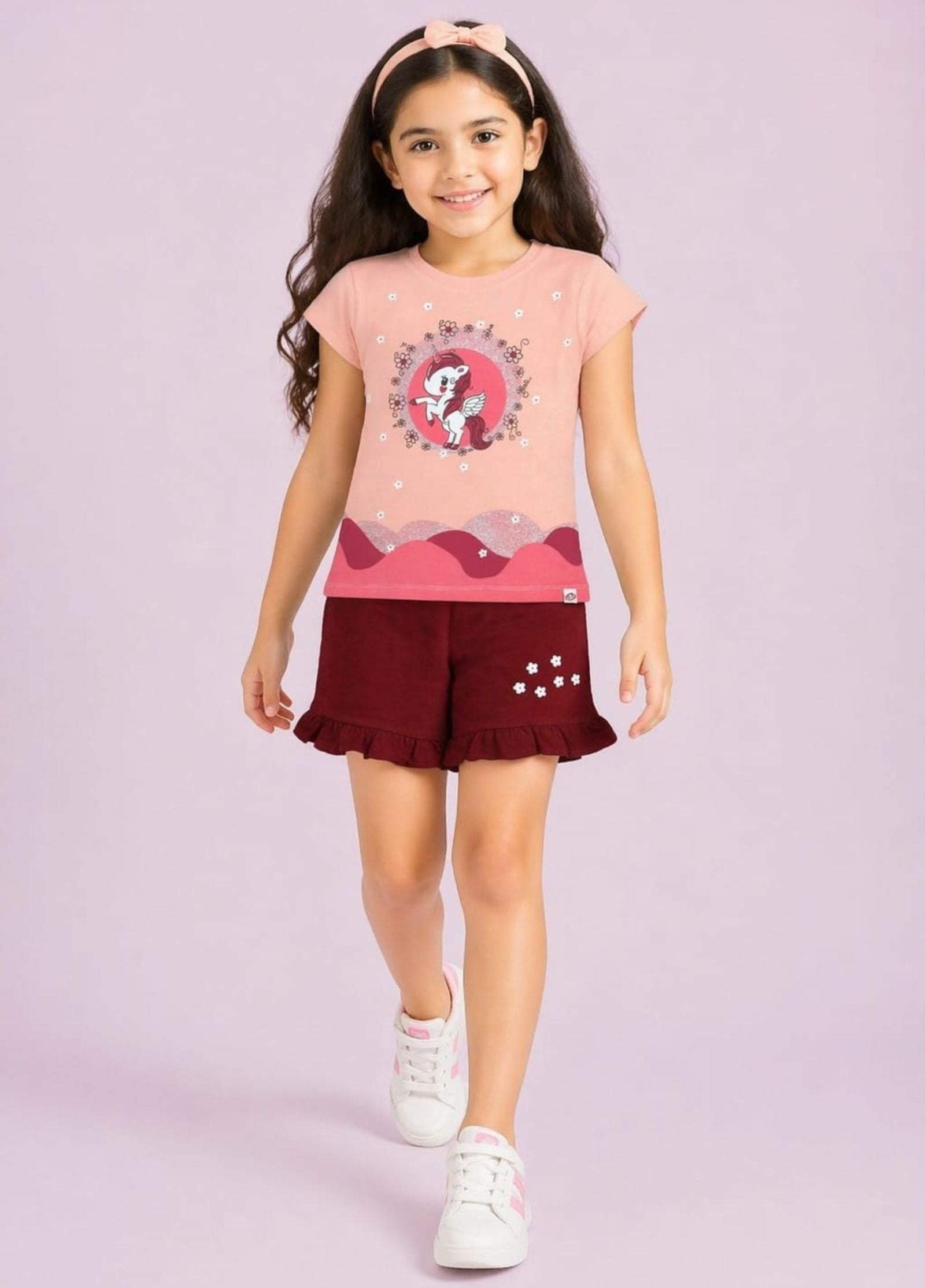Girls Glitter Printed Tee with Frilled Shorts P.