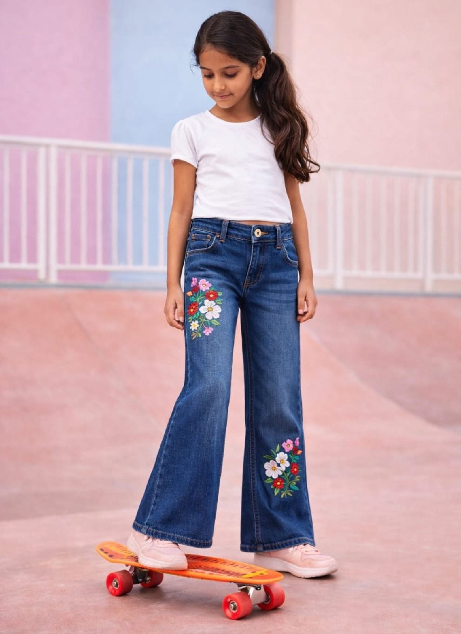 Cotton Denim Straight Fit Acid Wash Stretchable Jeans with Floral Embroidery - Medium Blue