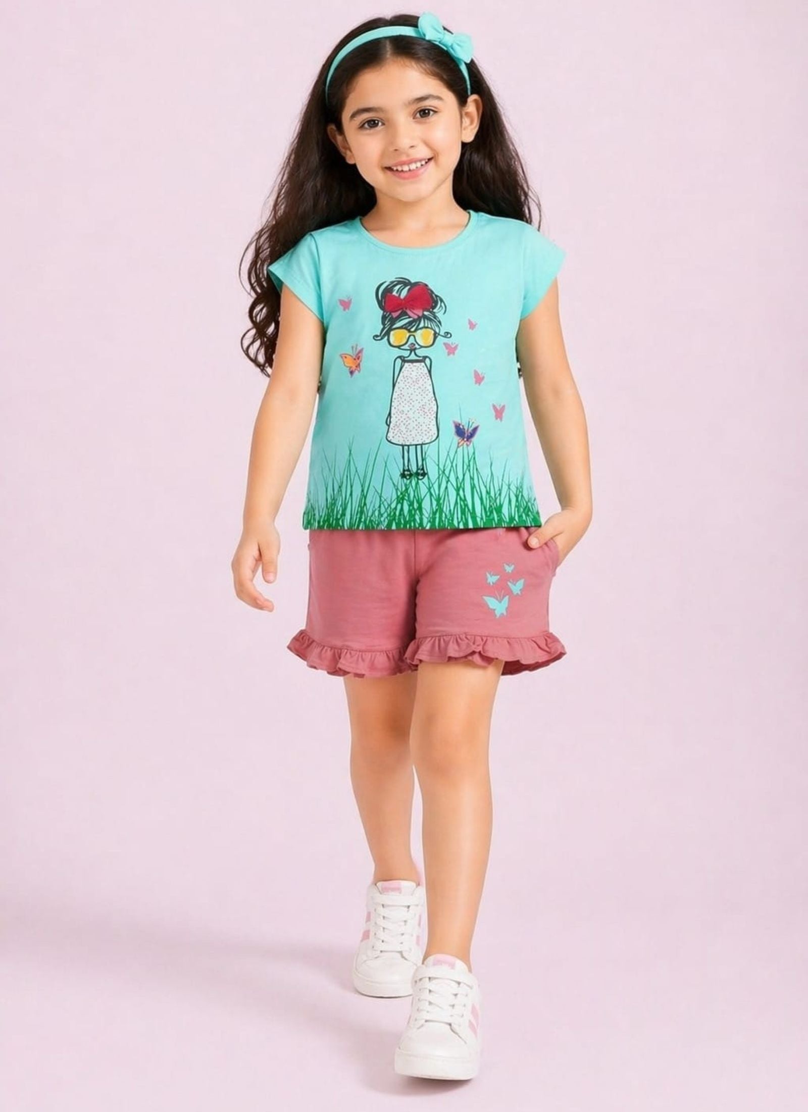 Girls Butterfly Printed Tee with Frilled Shorts