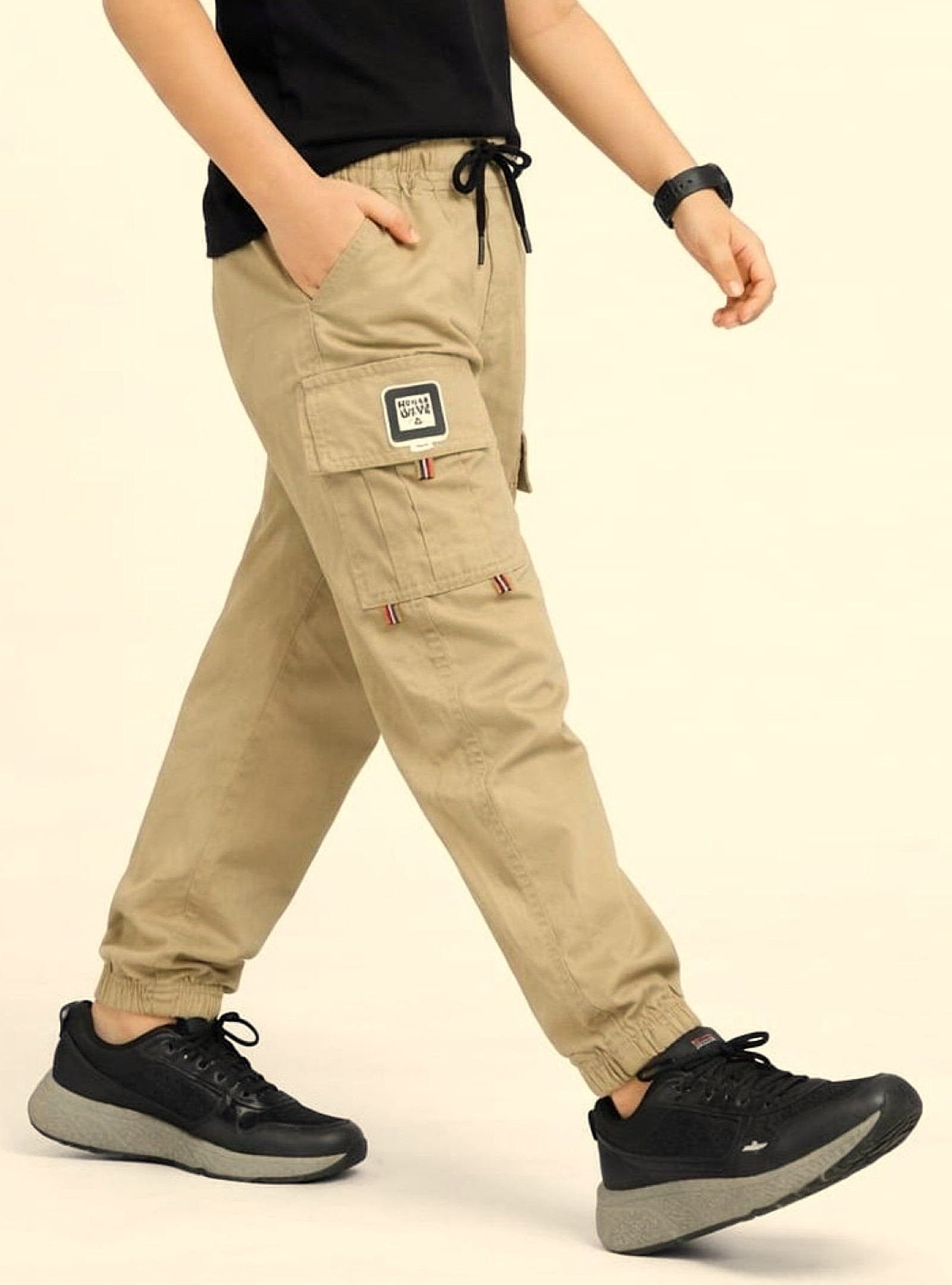 Cotton Woven Cargo Pants with Side Pockets - Khaki