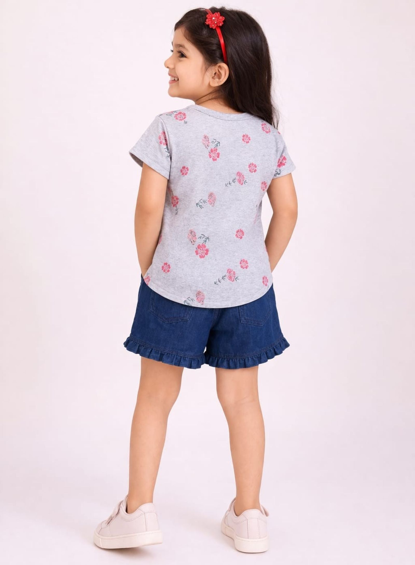 Girls Flower Printed Tee with Embroidered Denim Shorts