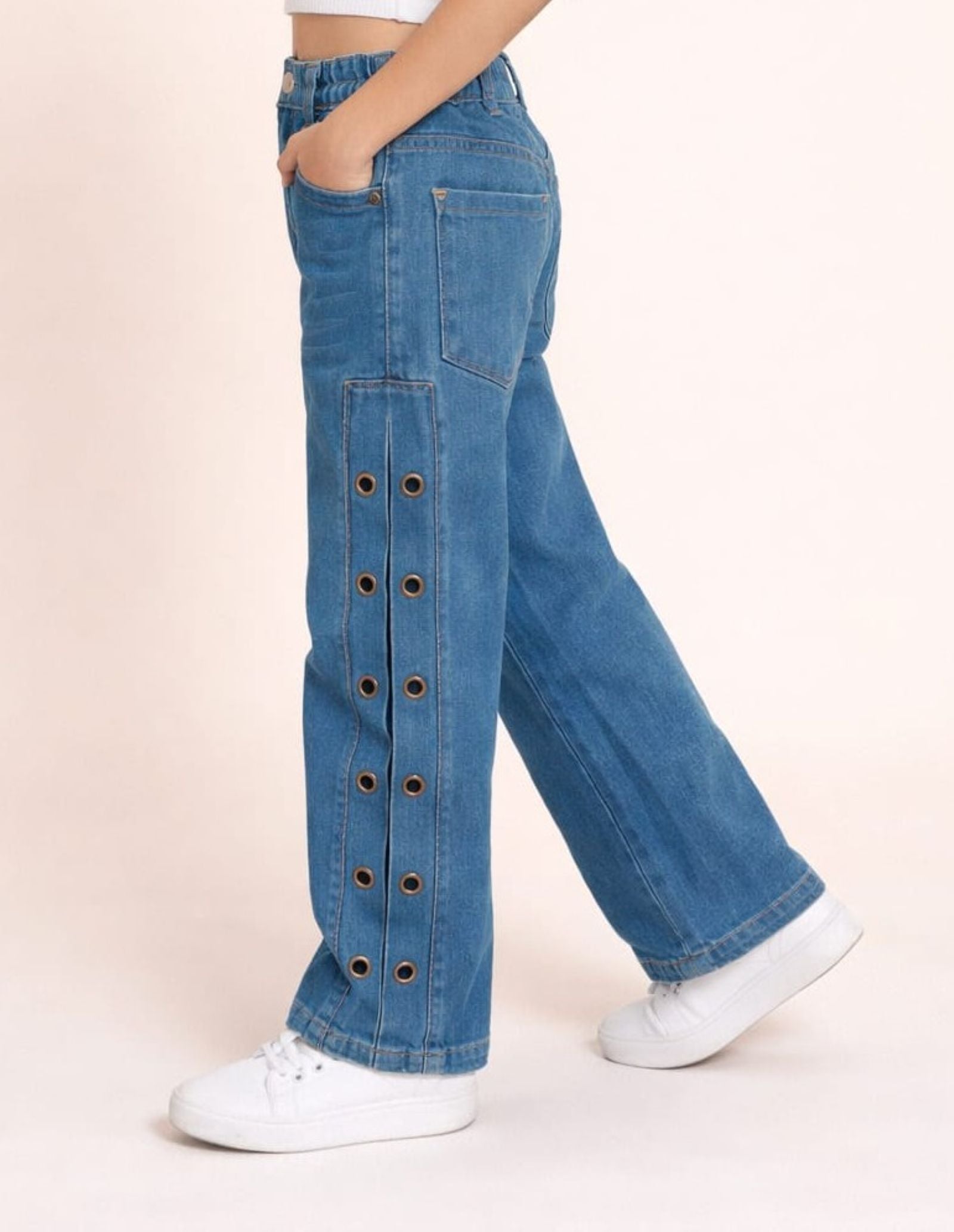 Stretchable Flared Jeans with Fancy Rivets on both leg sides