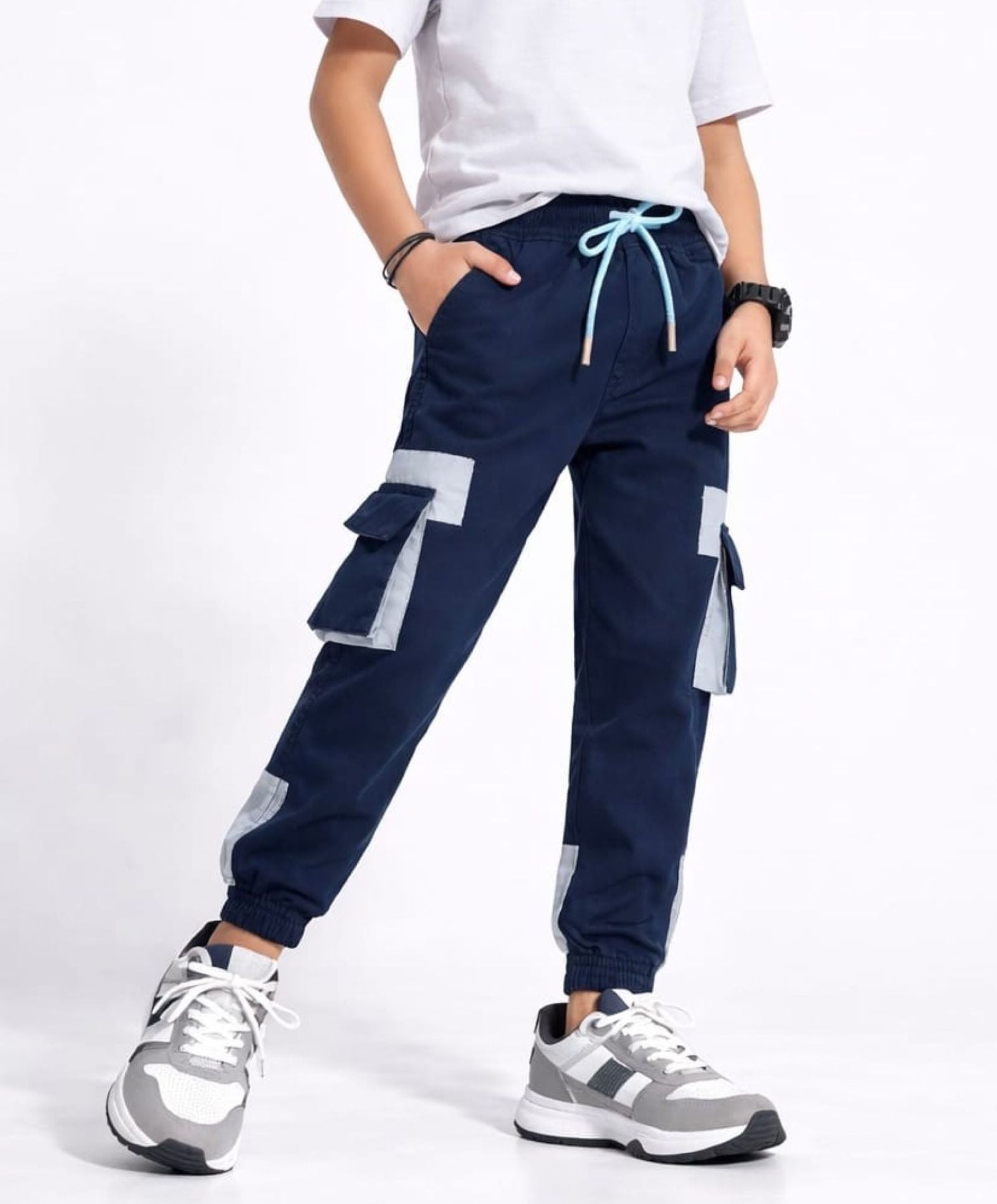 Cotton Woven Cargo Pants with Fancy Box Pockets - Navyblue