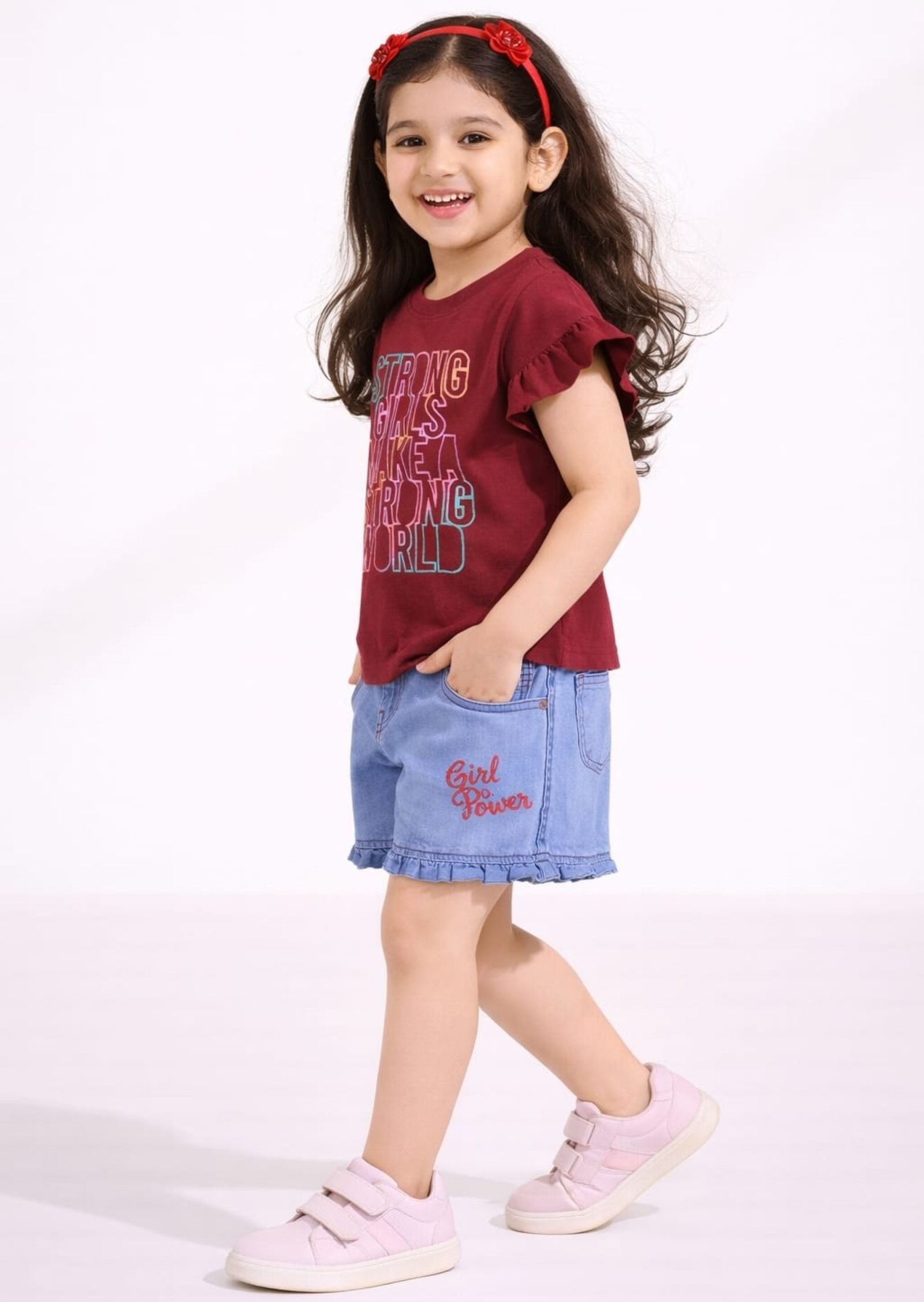 Girls Strong Girl Printed Tee with Embroidered Denim Shorts