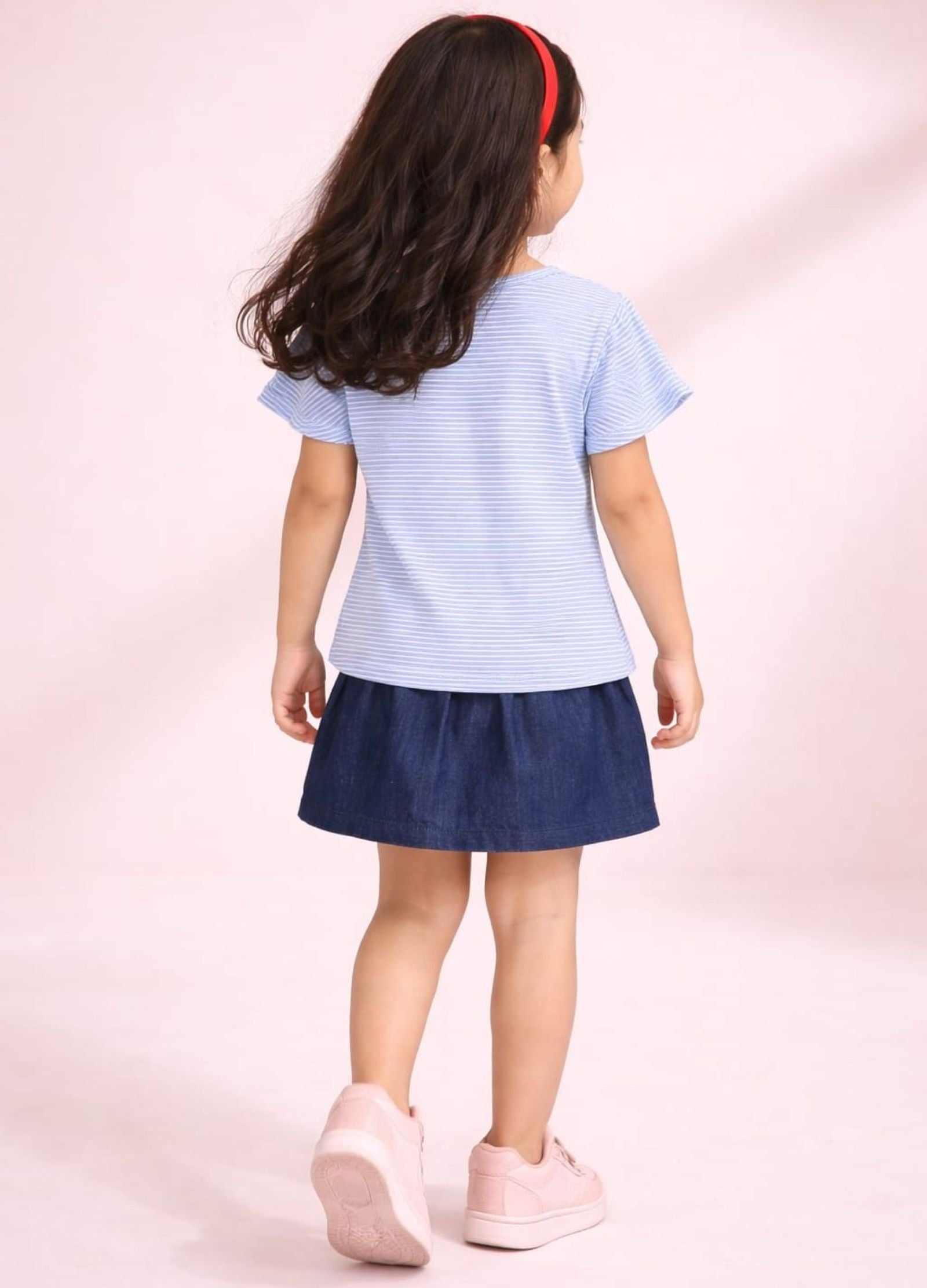 Girls Embroidered Tee with Denim Pleated Skirt