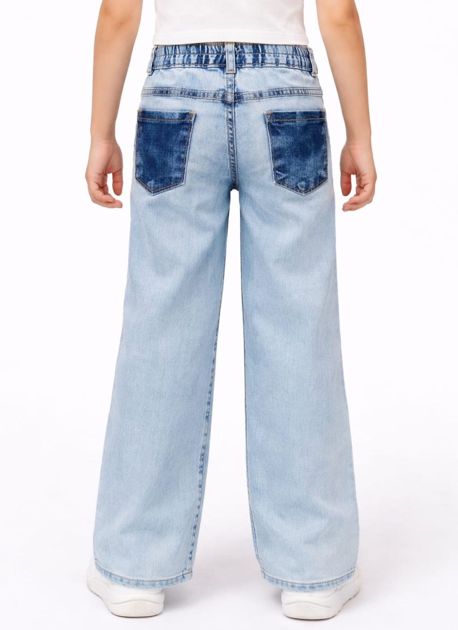 Cotton Denim Wide Leg Acid Wash Stretchable Jeans with Hearts - Light Blue