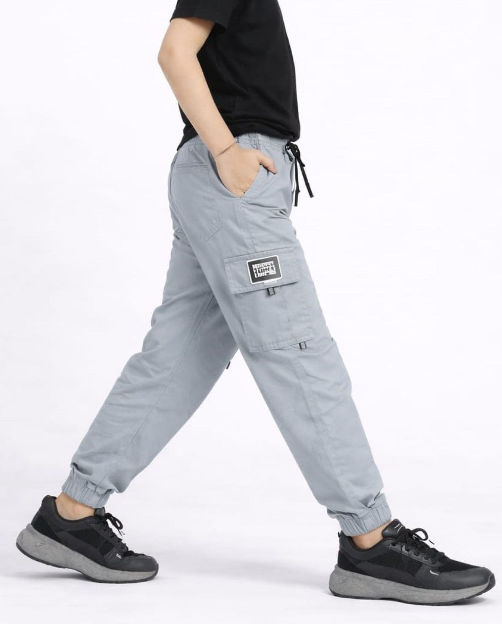 Cotton Woven Cargo Pants with Side Pockets - Ash Grey