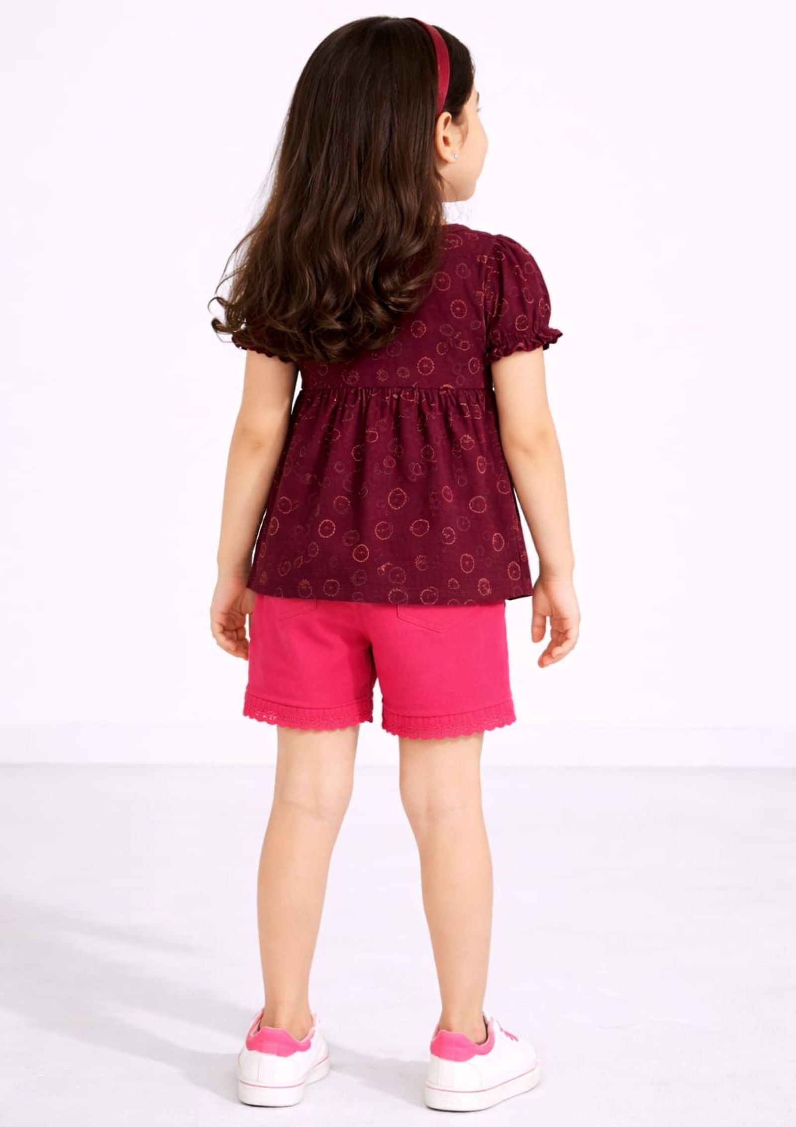 Girls Printed Peplum Top with Lace Detailed Shorts