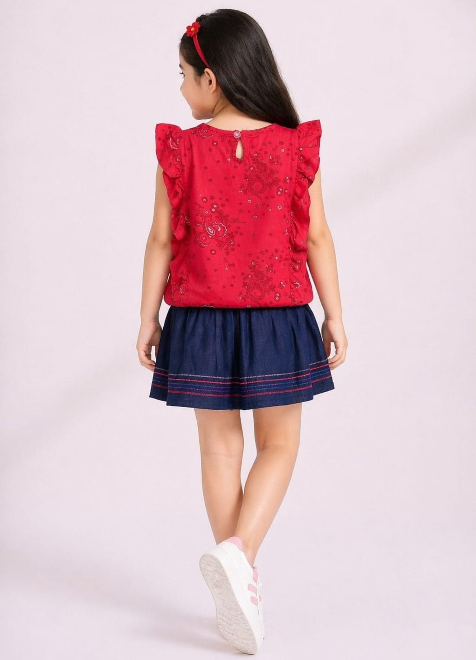 Girls Printed Ruffle Tee with Embroidered Denim Skirt