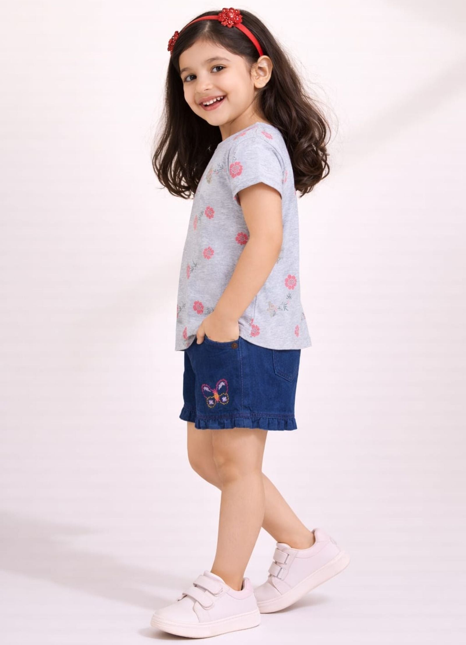 Girls Flower Printed Tee with Embroidered Denim Shorts
