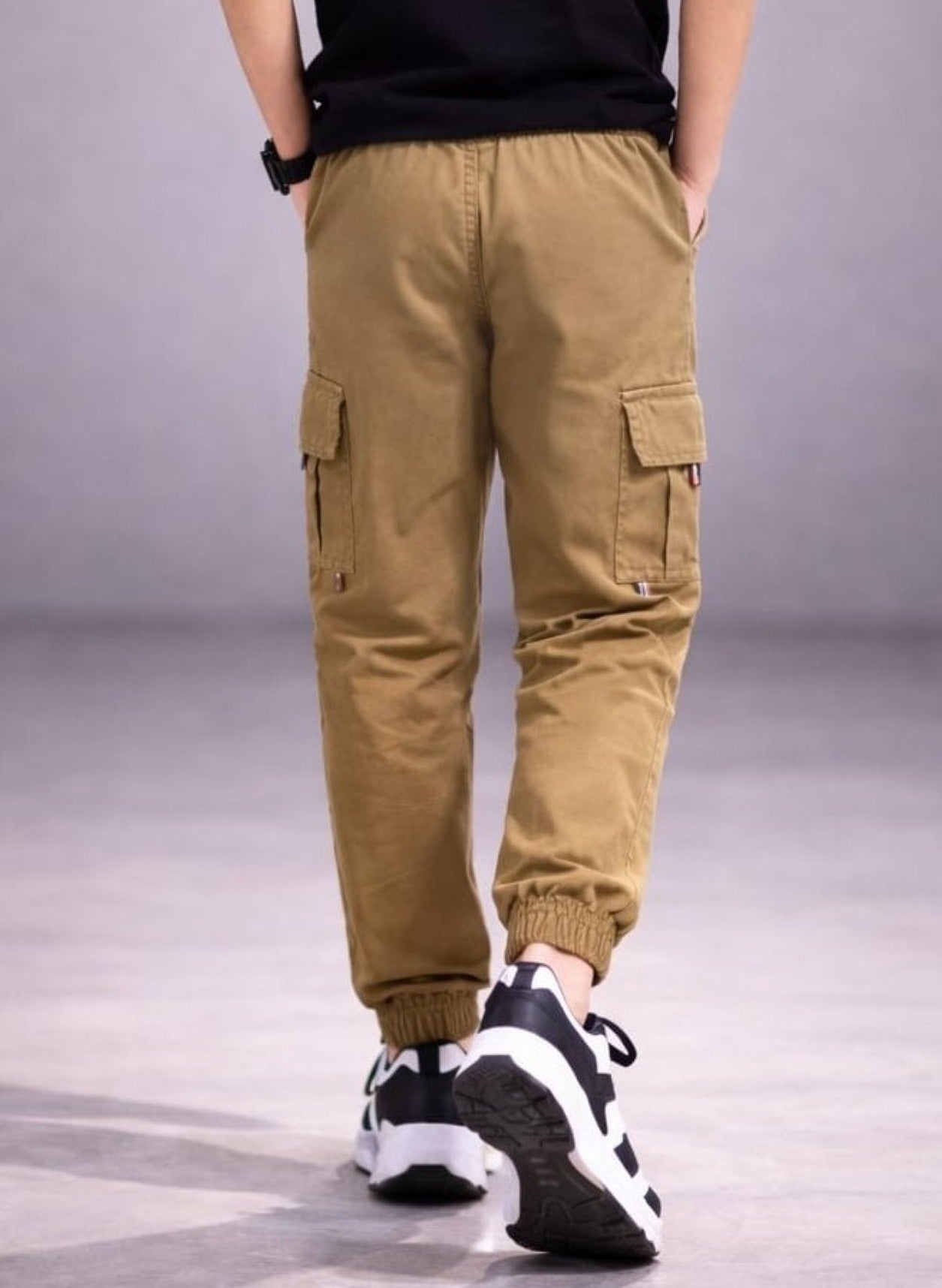 Cotton Woven Cargo Pants with Side Pockets - Brown