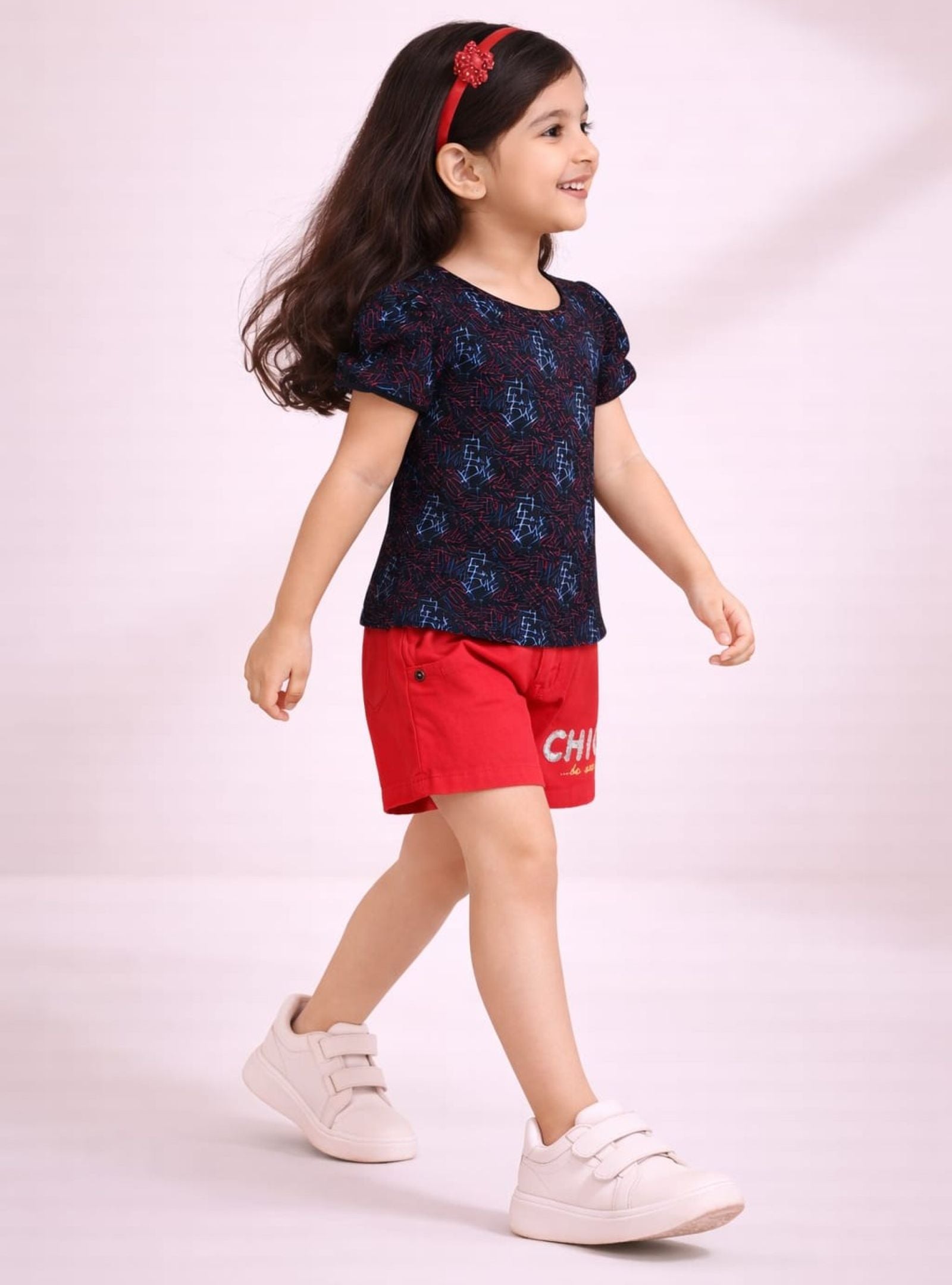 Girls Abstract Printed Tee with Embroidered Twill Shorts