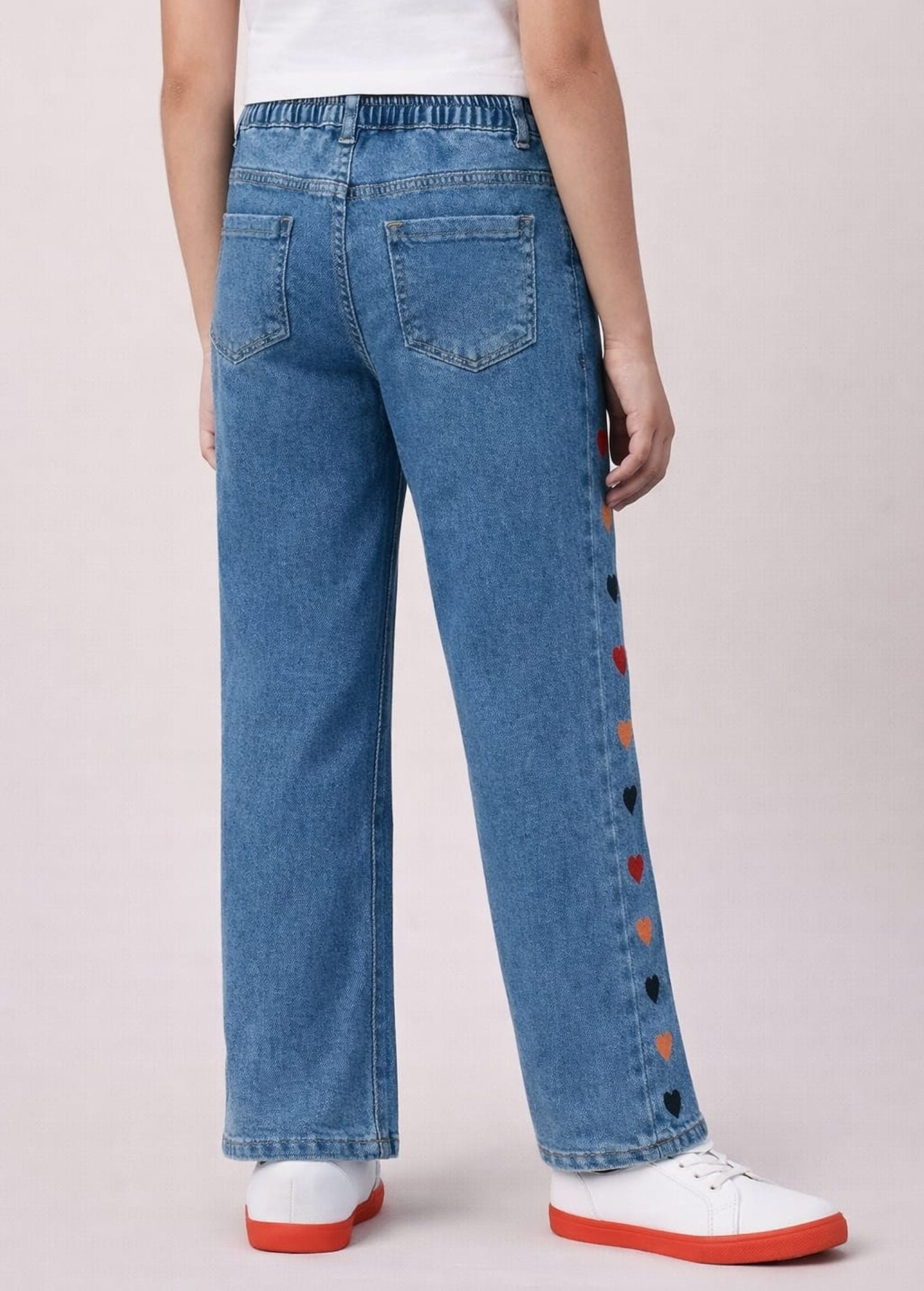 Cotton Denim Relaxed Fit Stretchable Jeans with Hearts Embroidery - Medium Blue