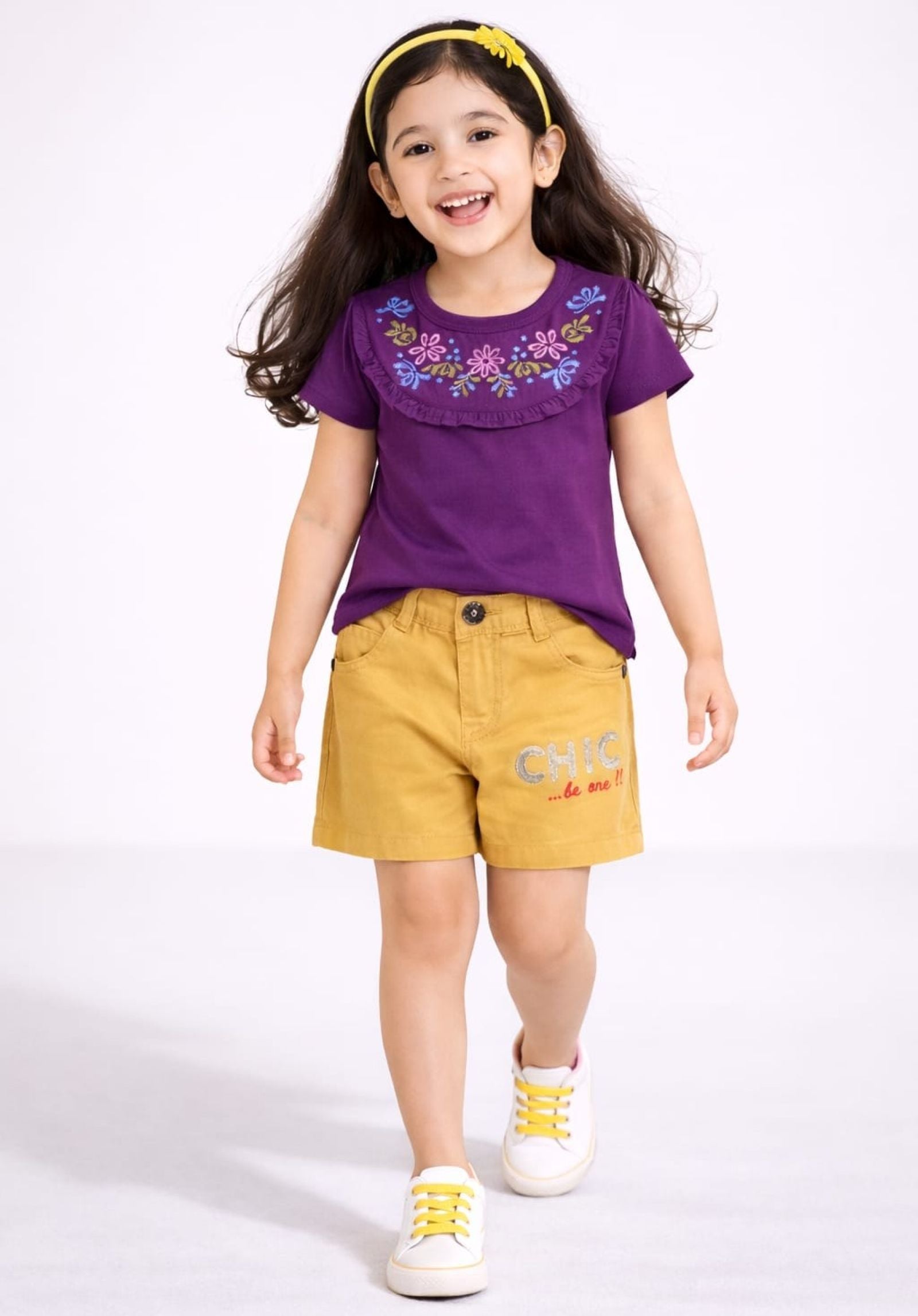 Girls Yoke Embroidered Tee with Embroidered Twill Shorts