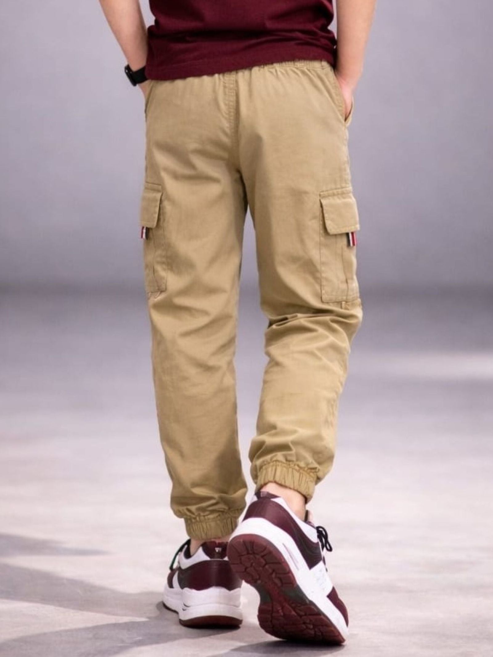 Cotton Woven Cargo Pants with Side Pockets - Khaki