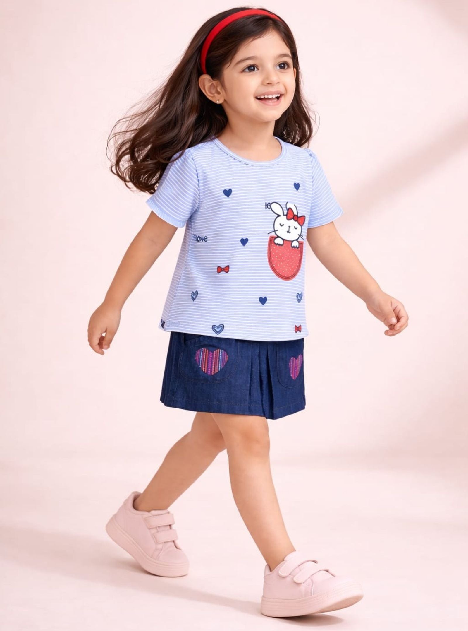 Girls Embroidered Tee with Denim Pleated Skirt