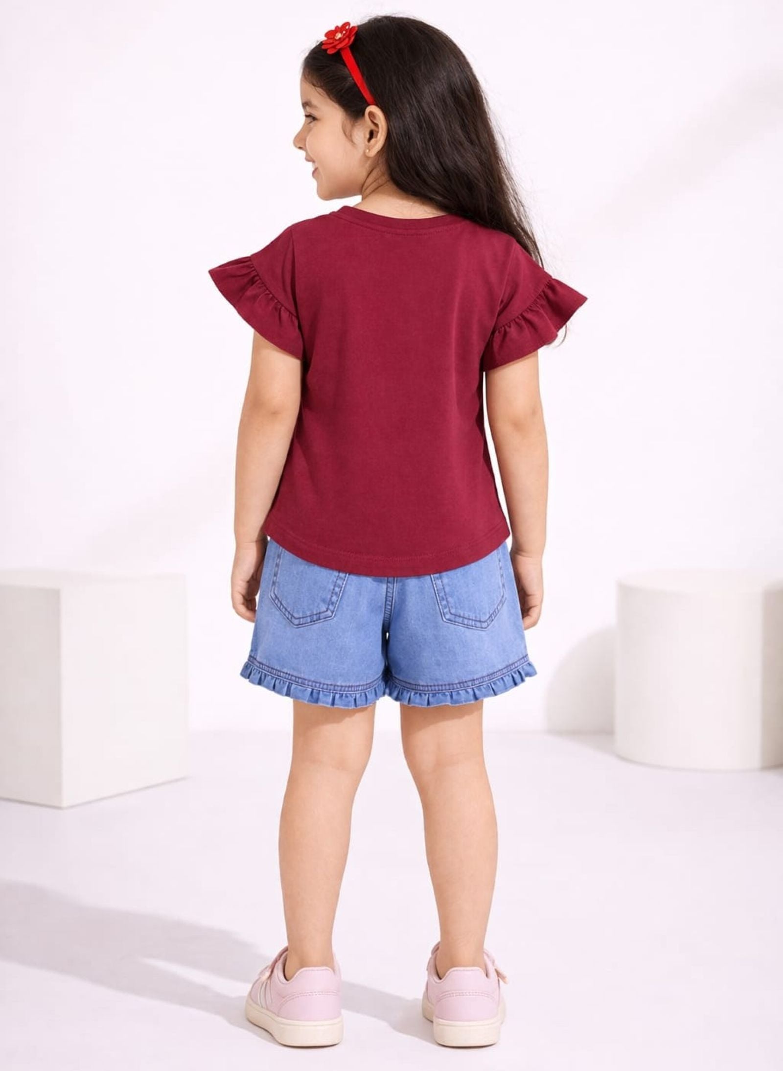 Girls Strong Girl Printed Tee with Embroidered Denim Shorts