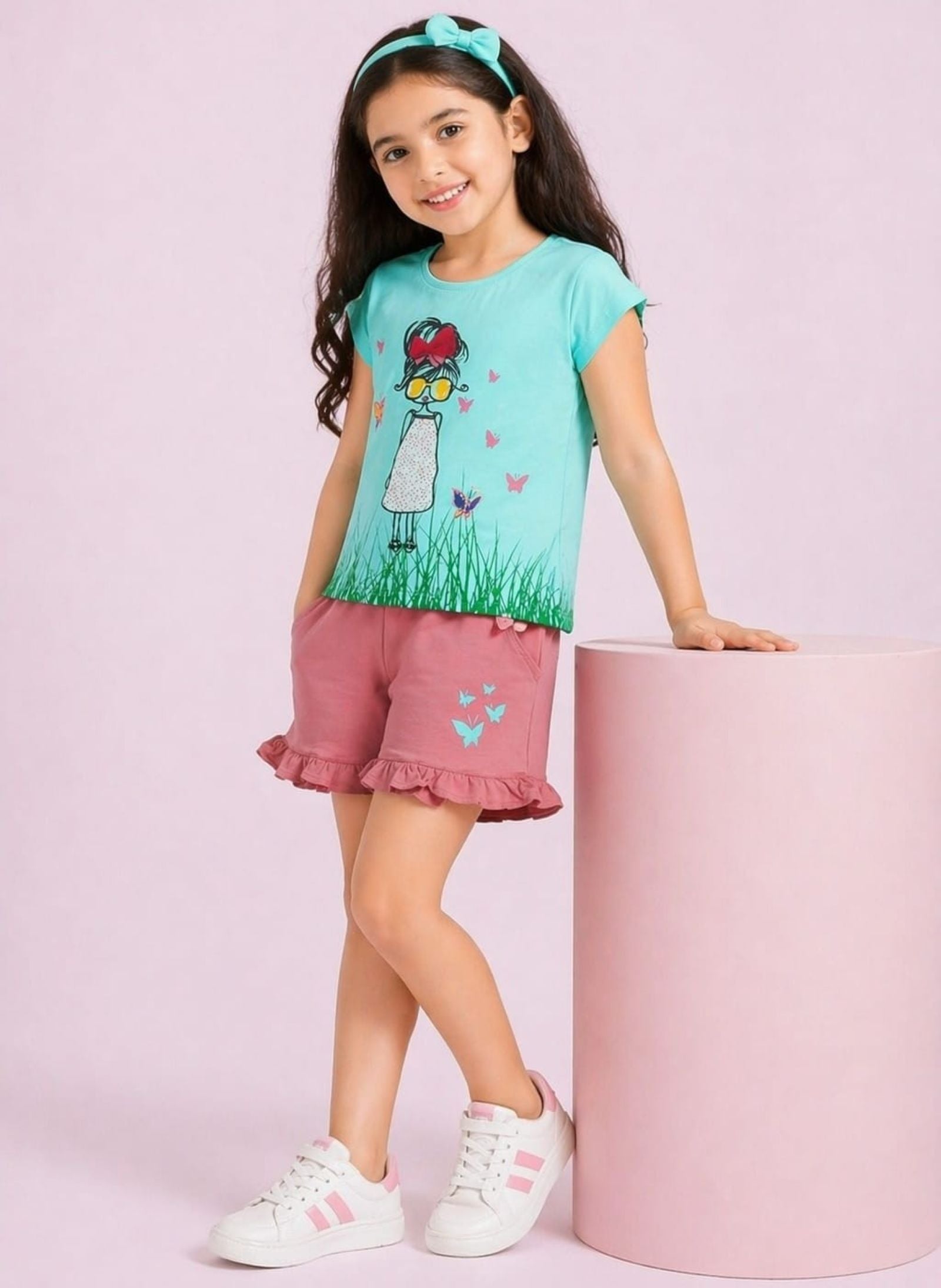 Girls Butterfly Printed Tee with Frilled Shorts