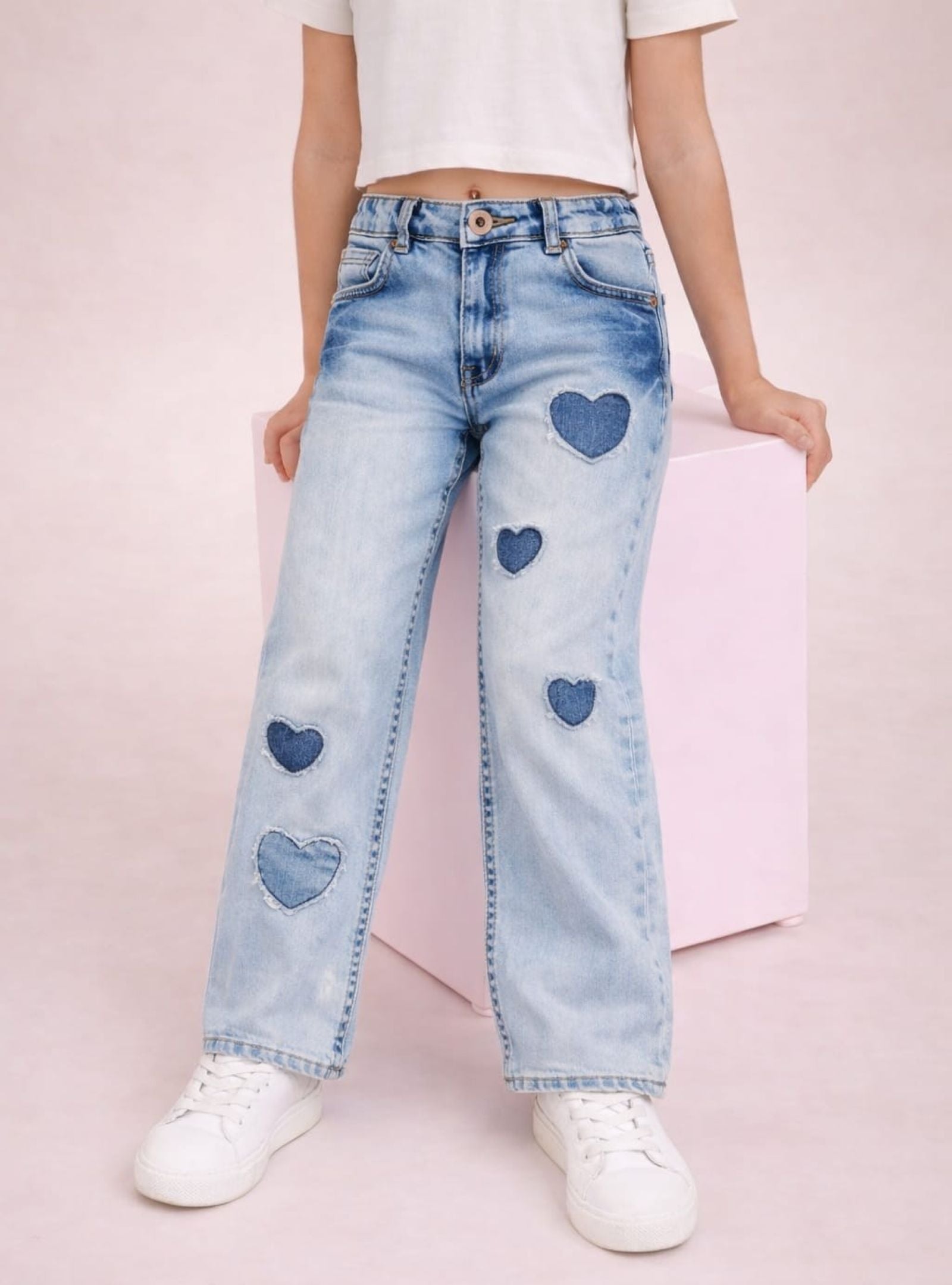 Cotton Denim Wide Leg Acid Wash Stretchable Jeans with Hearts - Light Blue