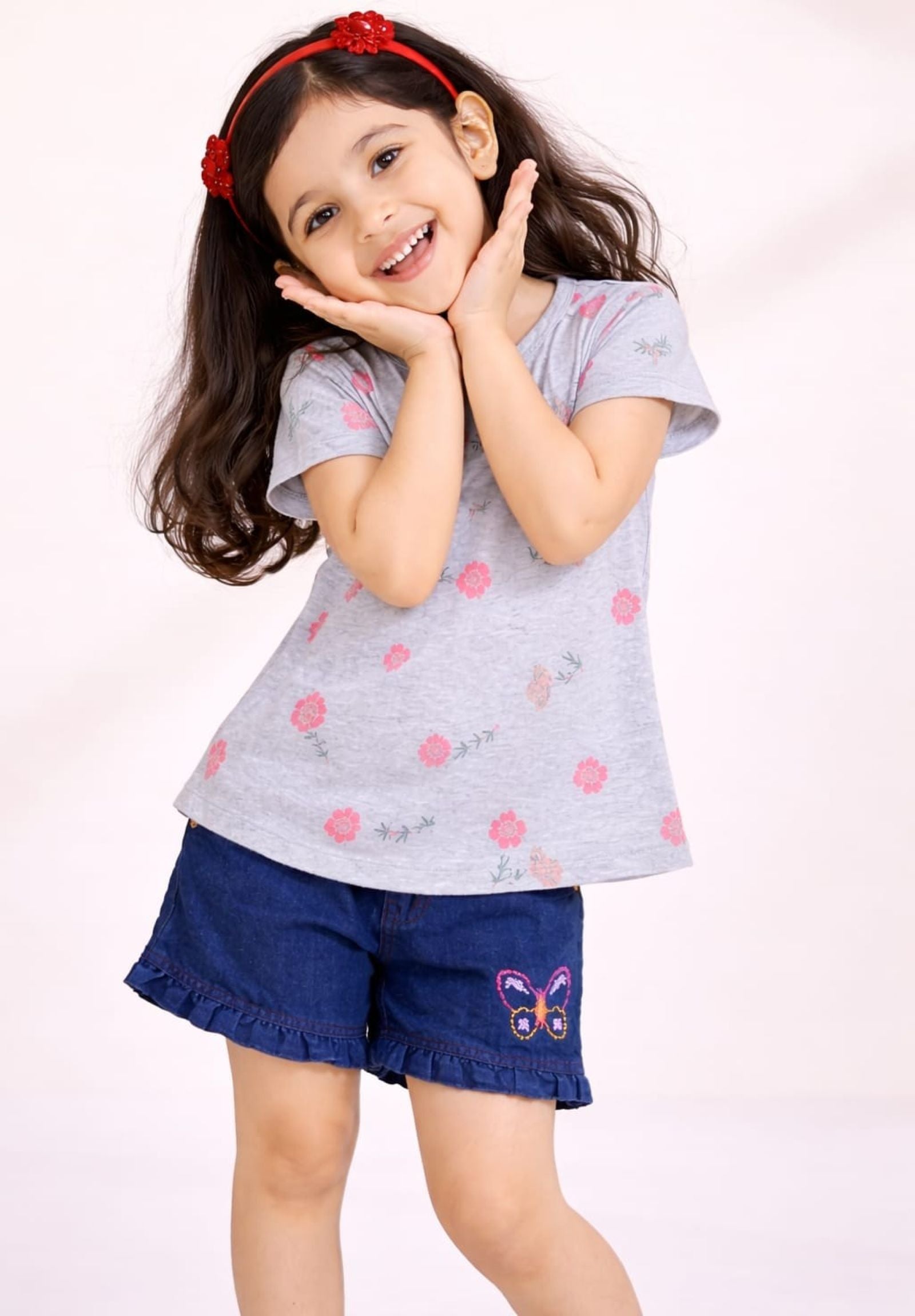 Girls Flower Printed Tee with Embroidered Denim Shorts