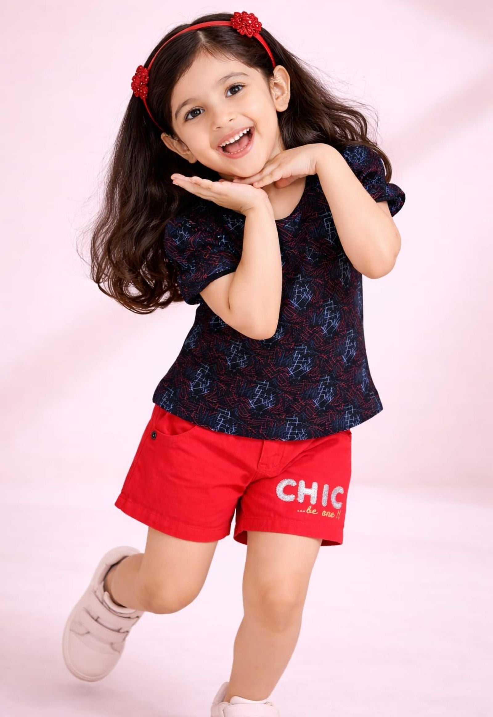 Girls Abstract Printed Tee with Embroidered Twill Shorts