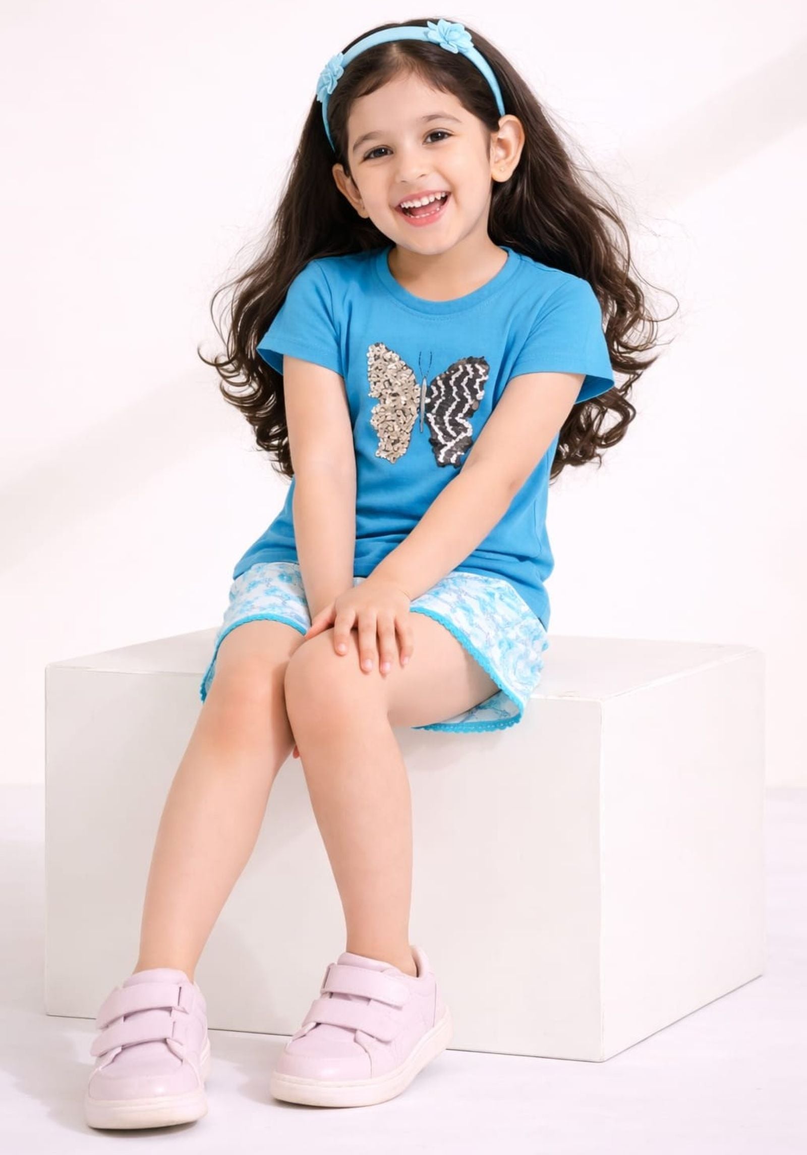 Girls Sequin Butterfly Tee with PomPom Lace Shorts