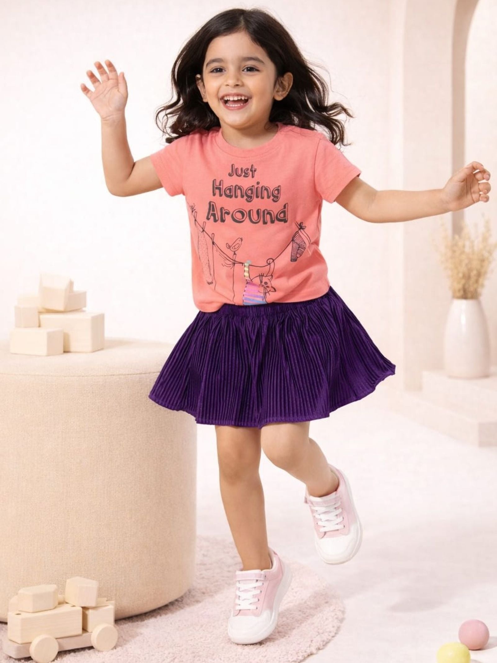 Girls Foil Printed Tee with Pleated Skirt