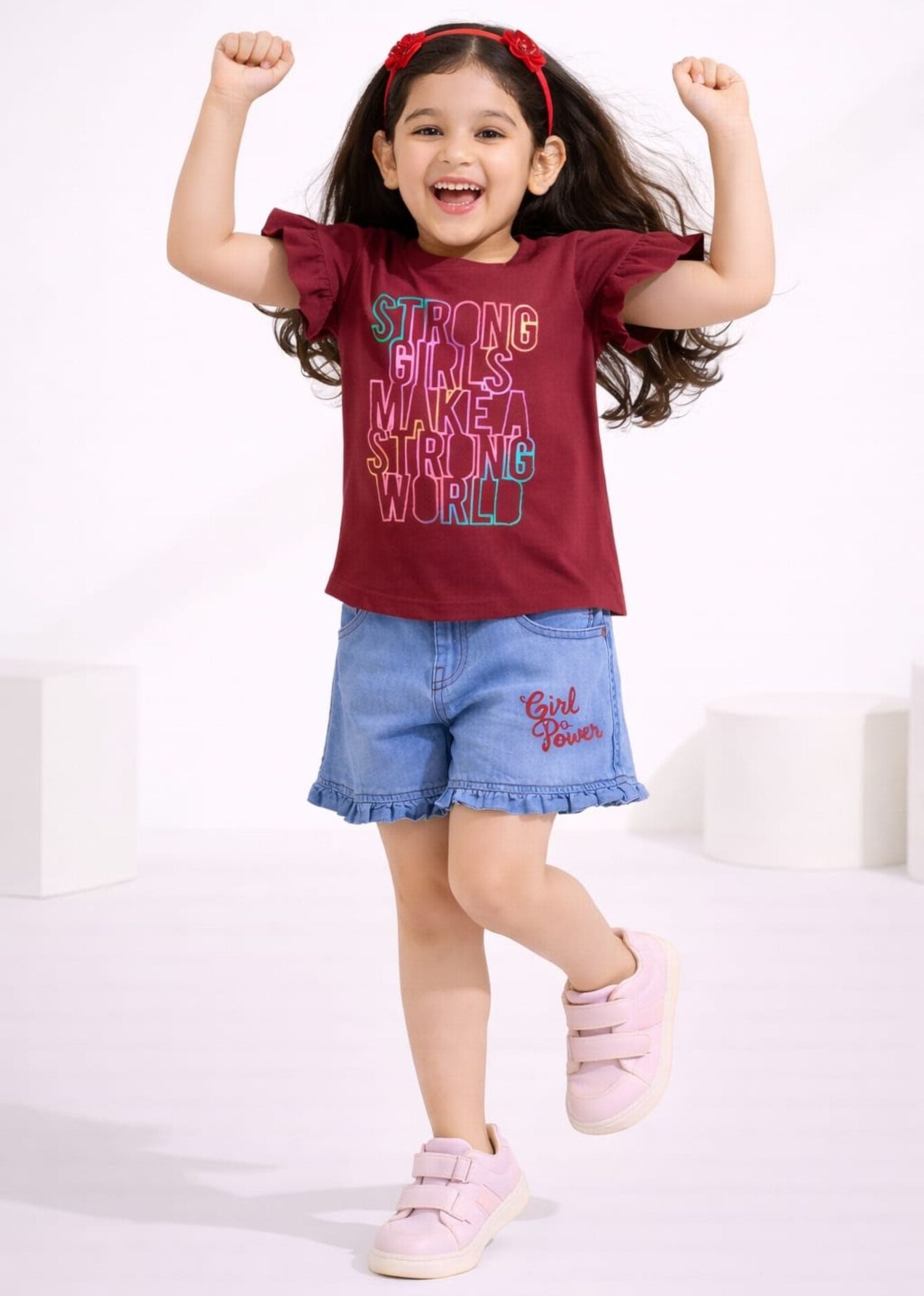 Girls Strong Girl Printed Tee with Embroidered Denim Shorts