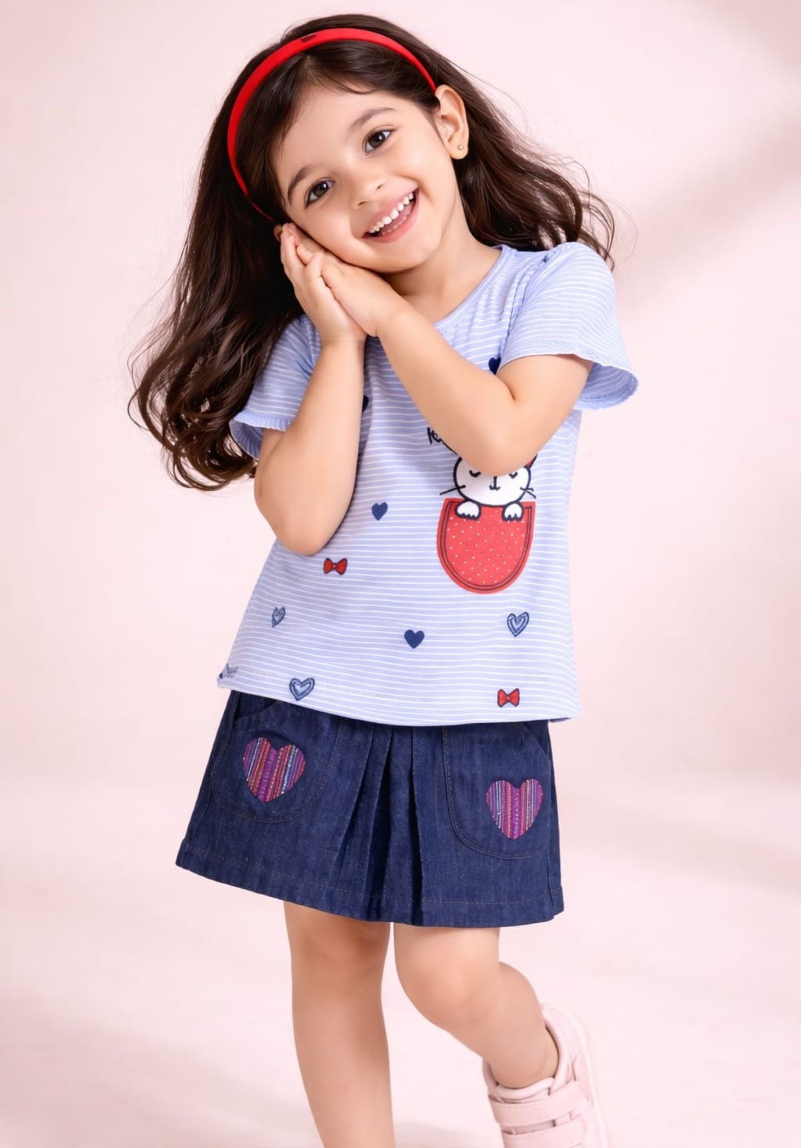 Girls Embroidered Tee with Denim Pleated Skirt