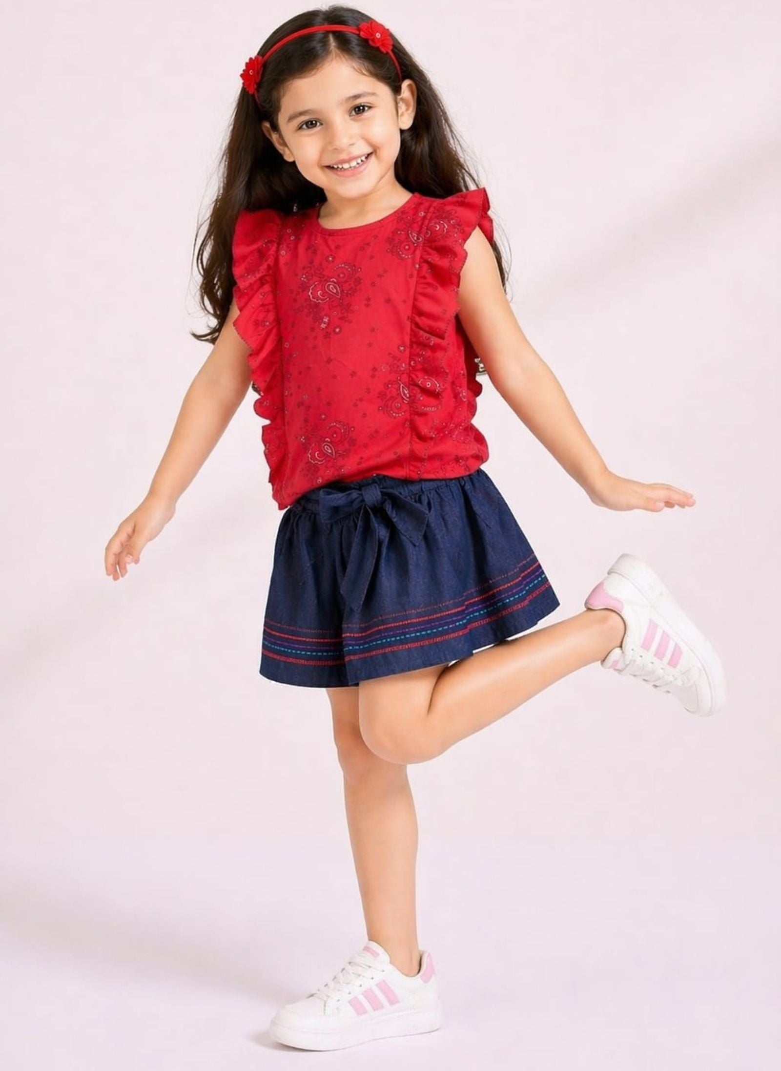 Girls Printed Ruffle Tee with Embroidered Denim Skirt