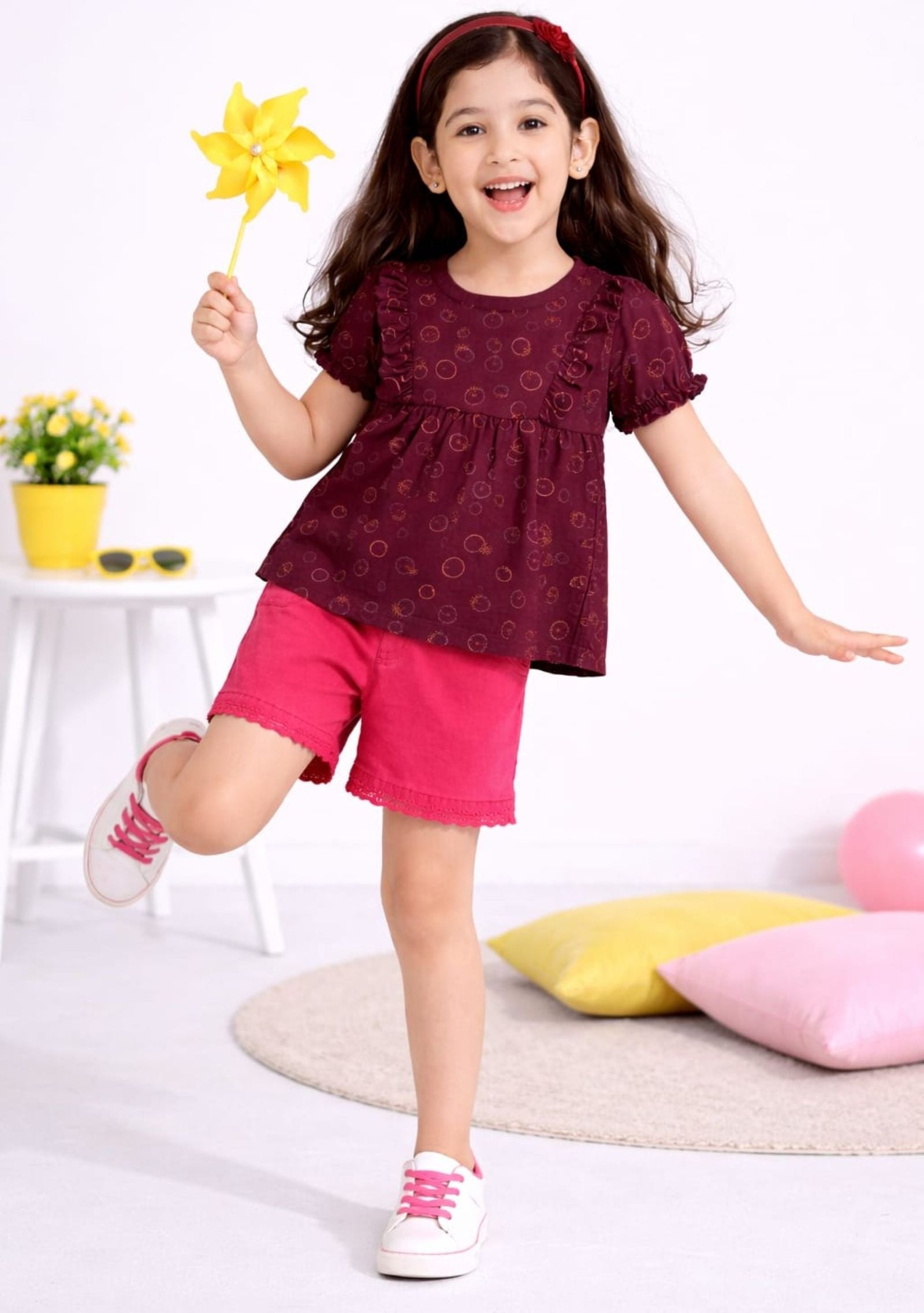 Girls Printed Peplum Top with Lace Detailed Shorts