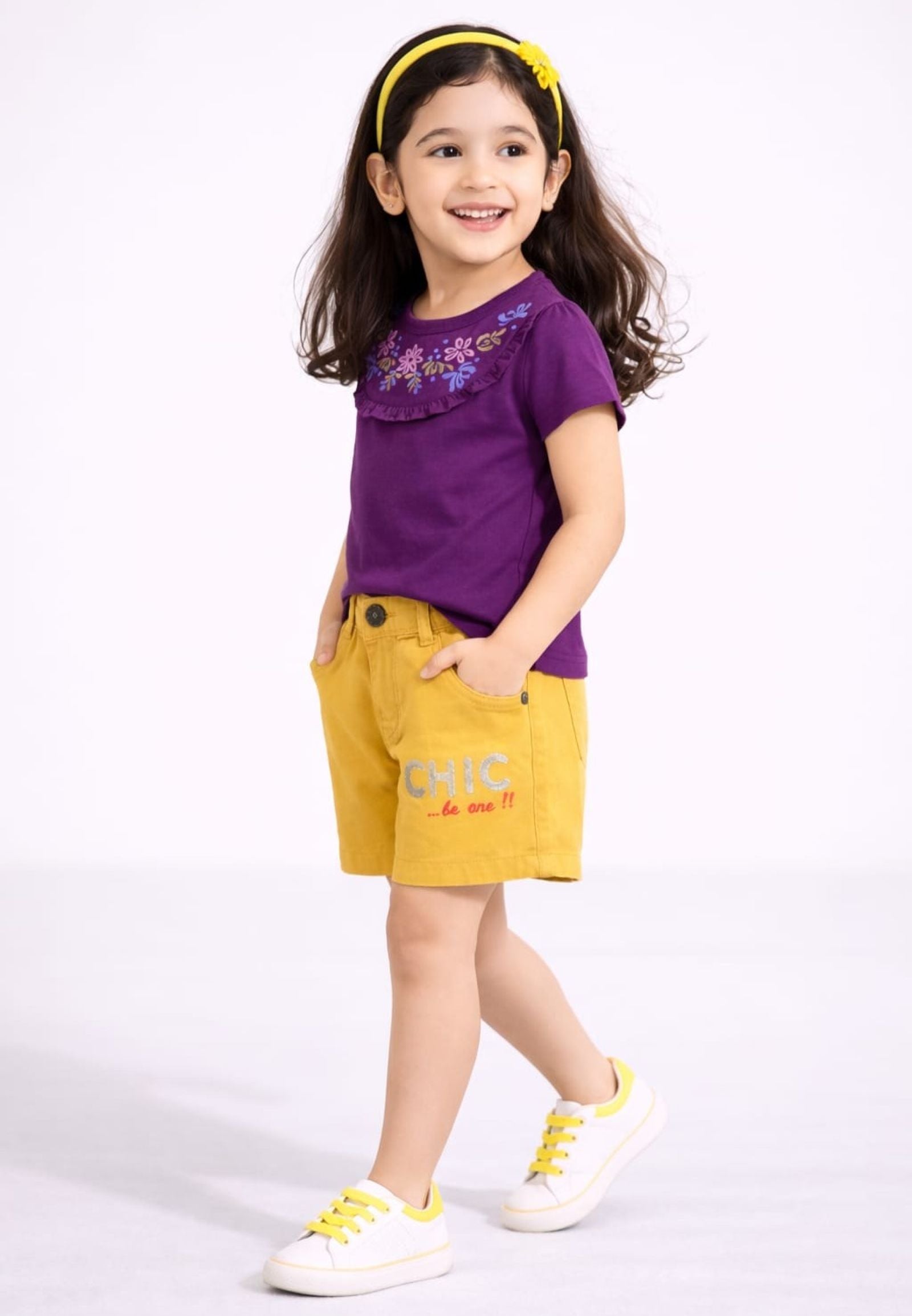 Girls Yoke Embroidered Tee with Embroidered Twill Shorts