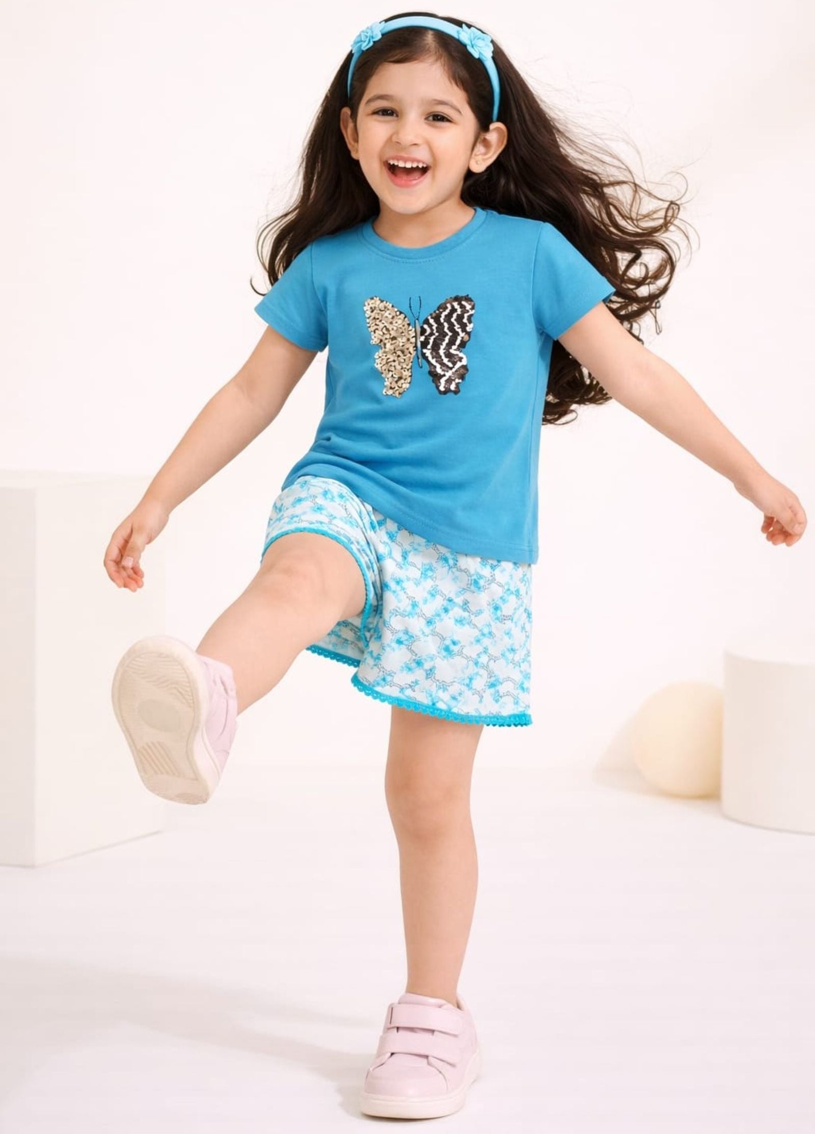 Girls Sequin Butterfly Tee with PomPom Lace Shorts