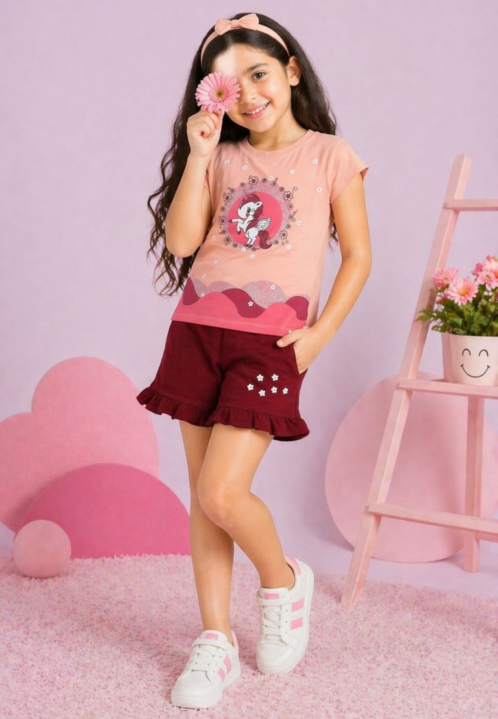 Girls Glitter Printed Tee with Frilled Shorts P.