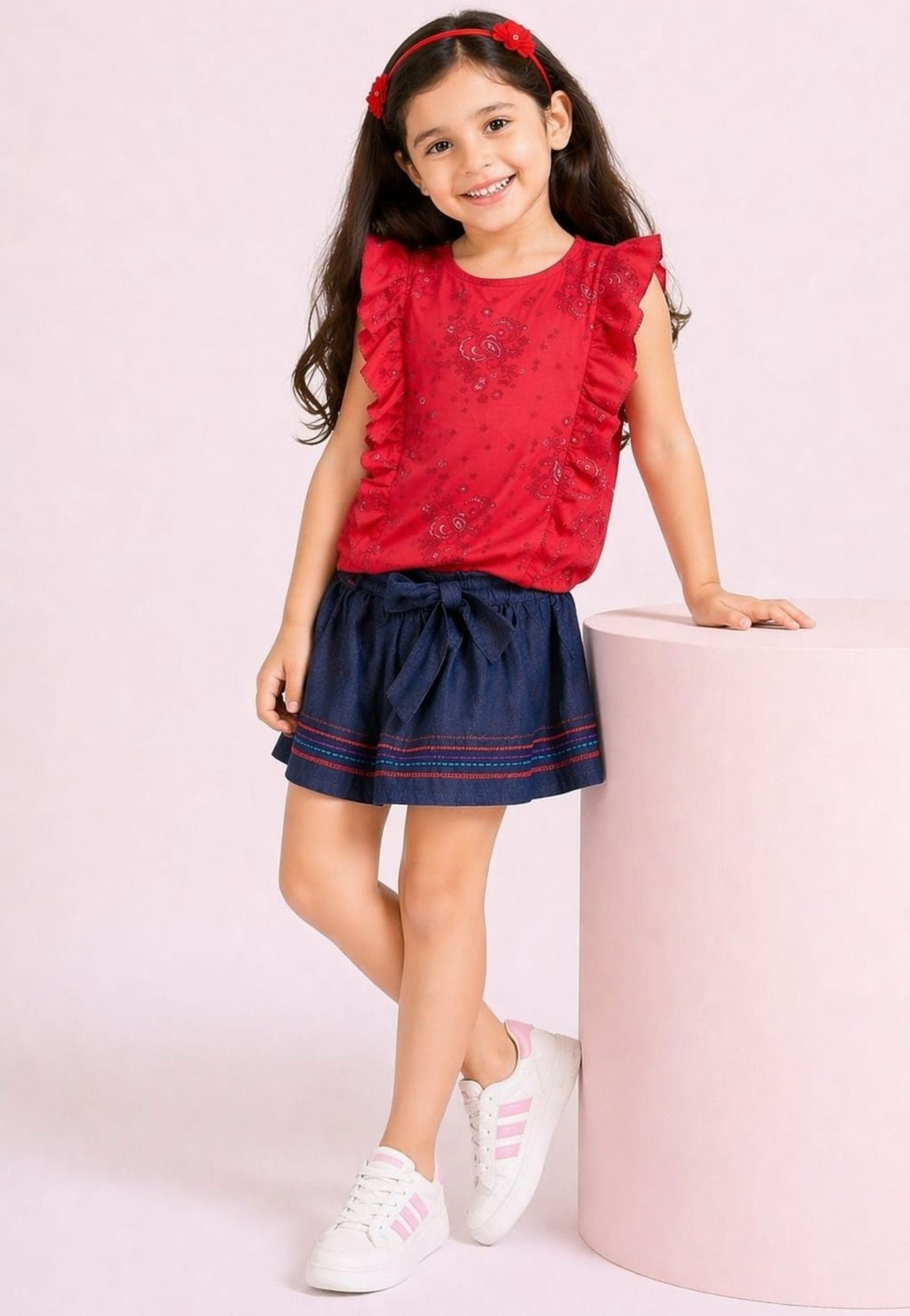 Girls Printed Ruffle Tee with Embroidered Denim Skirt