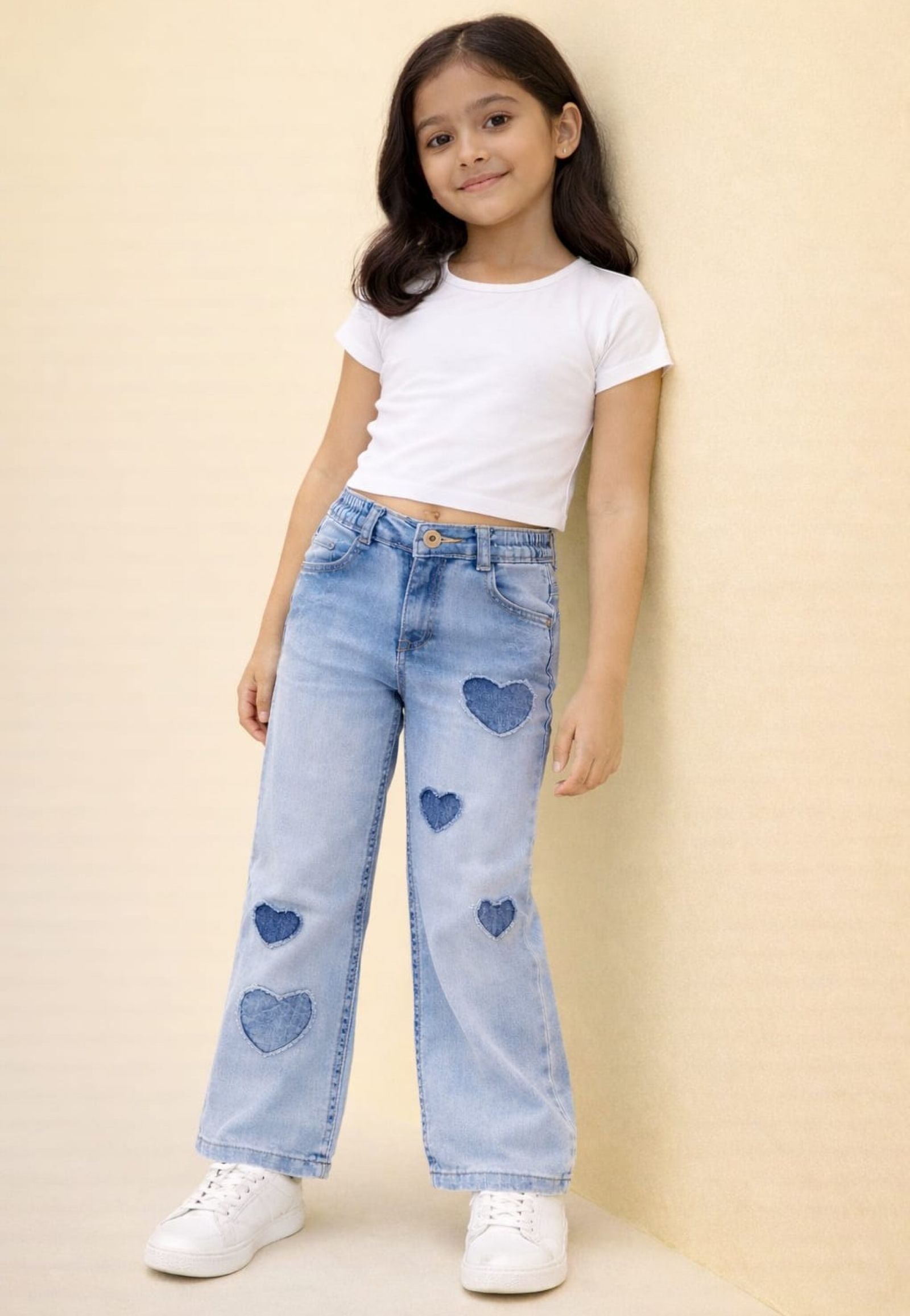 Cotton Denim Wide Leg Acid Wash Stretchable Jeans with Hearts - Light Blue